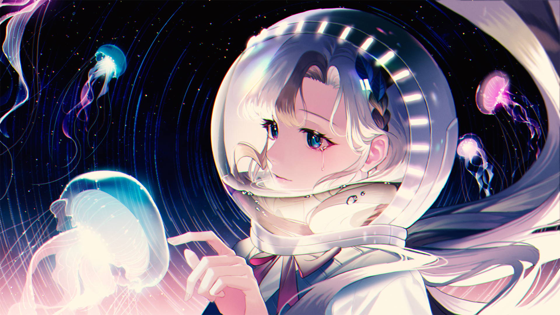 Anime girl in space helmet with jellyfish HD Wallpaper