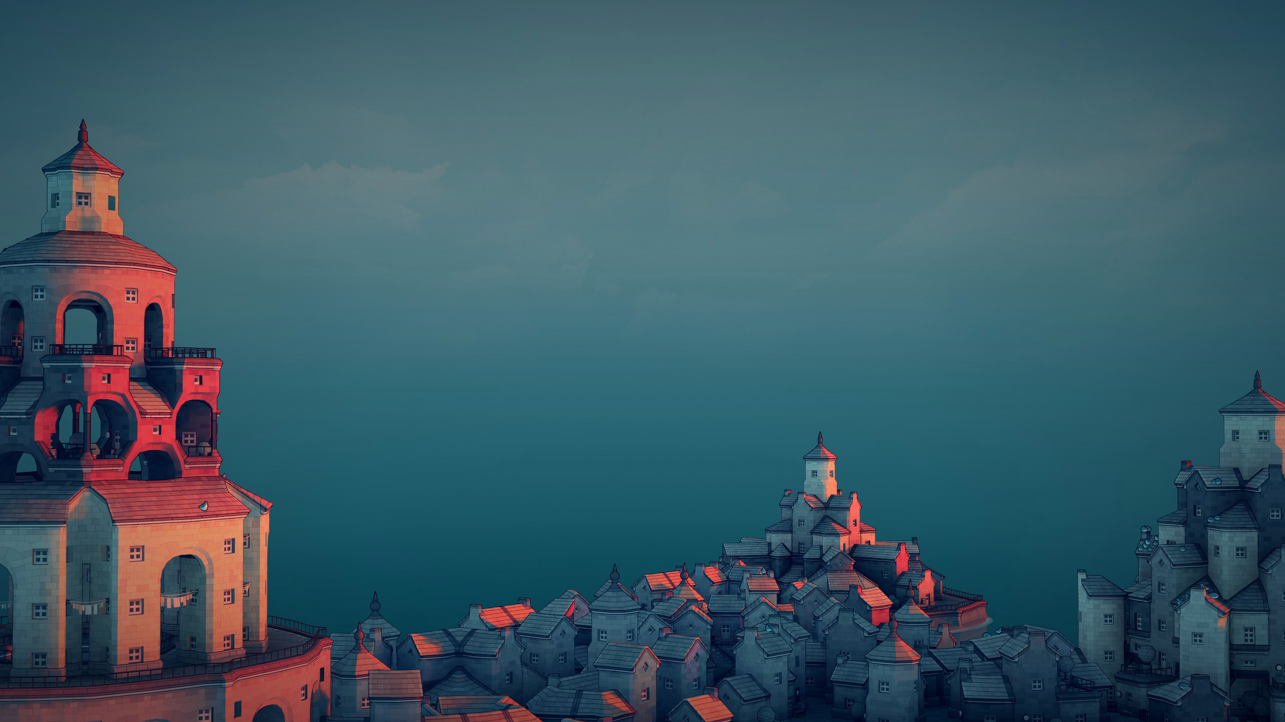 Digital art of a stylized town with towers HD Wallpaper