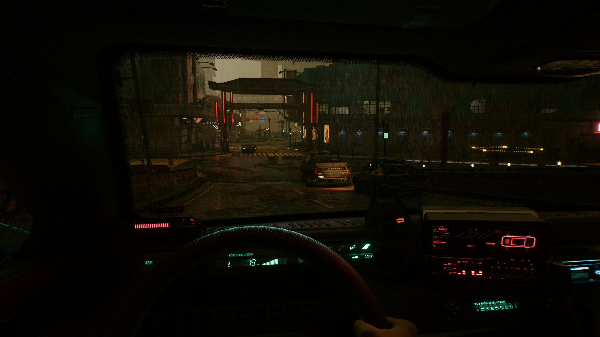 Driving through a rainy cyberpunk city in Cyberpunk 2077 HD Wallpaper
