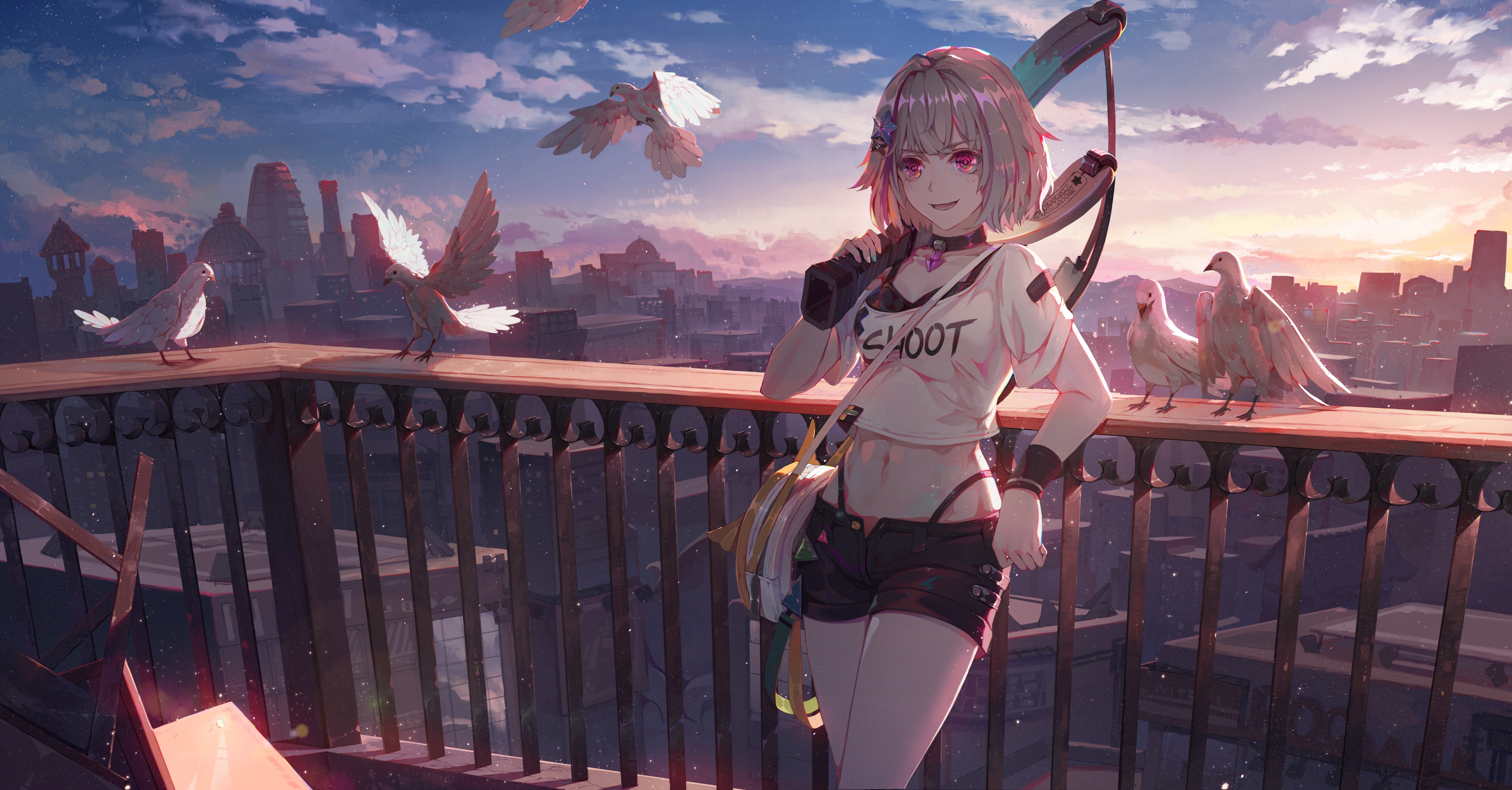 Anime girl with red eyes and a crossbow on a rooftop HD Wallpaper