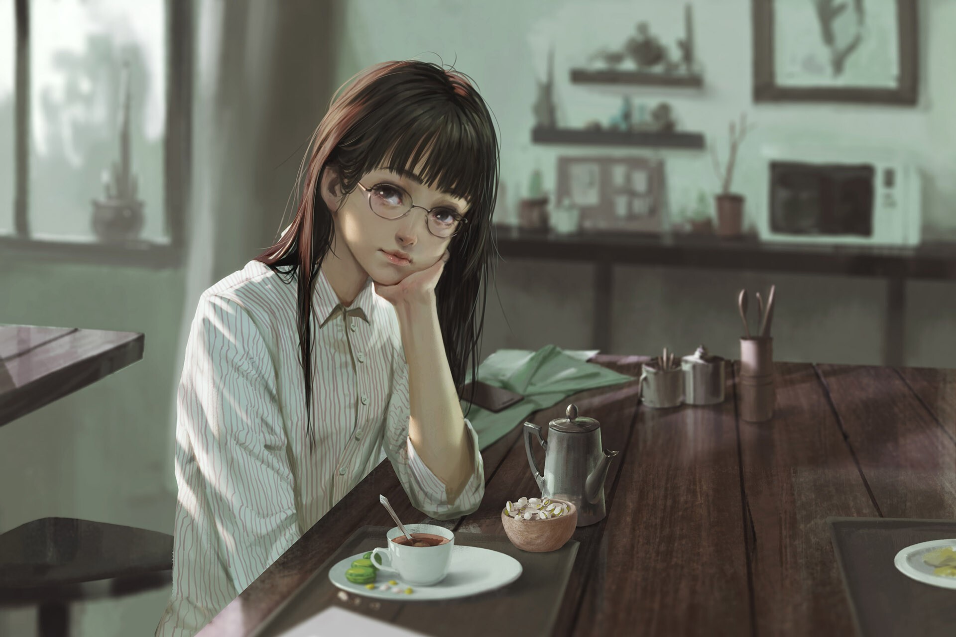 Artwork of a woman with glasses drinking tea HD Wallpaper