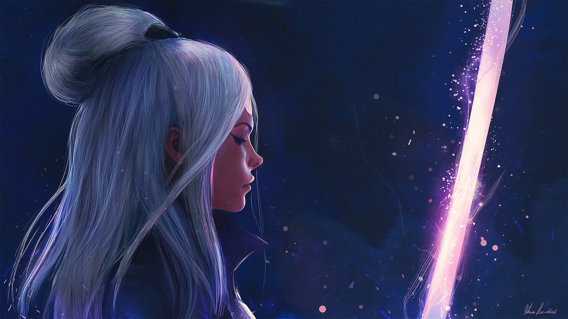 Woman with white hair and a glowing purple sword HD Wallpaper