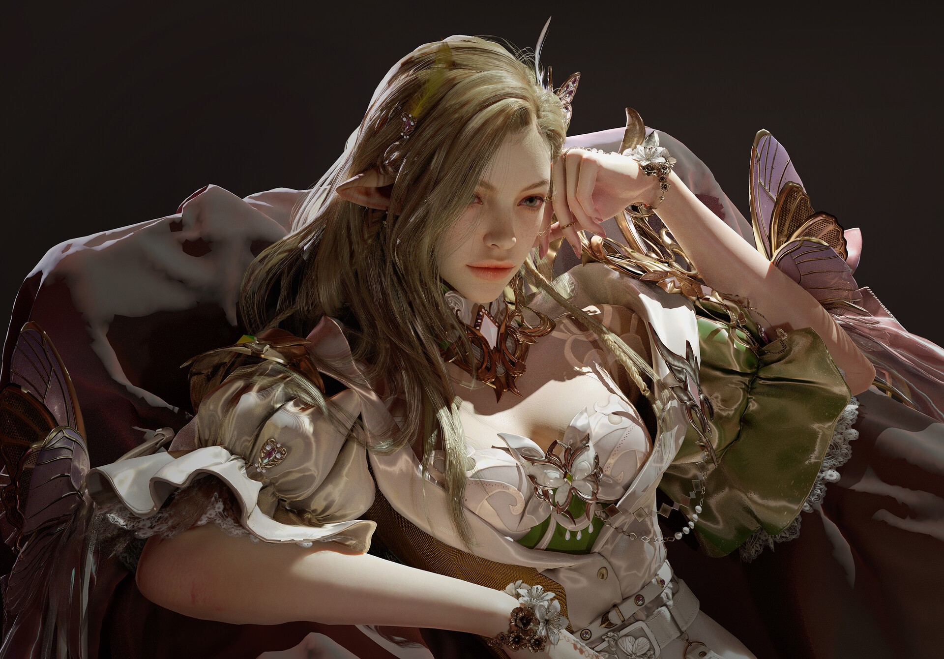 CGI artwork of a blonde elf woman with butterfly wings HD Wallpaper