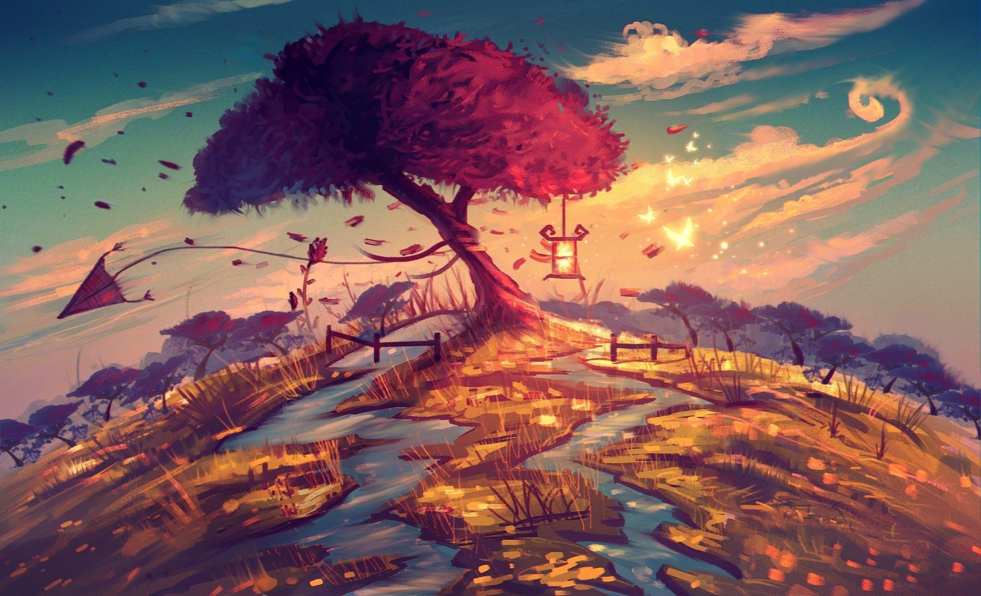 Fantasy landscape with a large tree and a kite HD Wallpaper