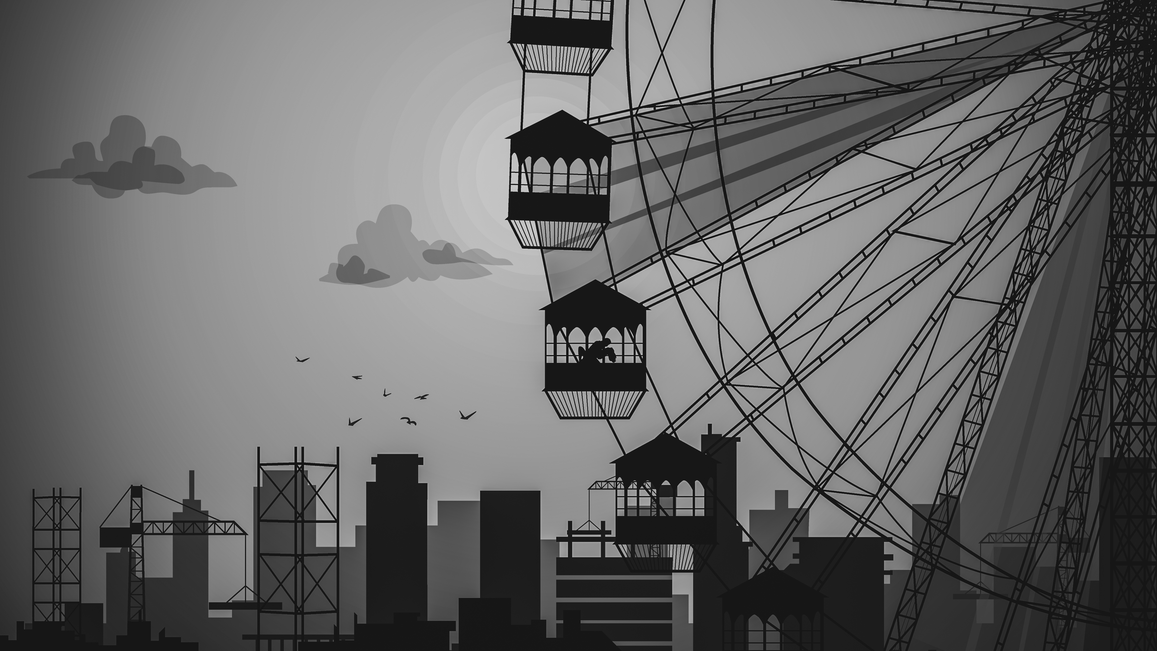 Monochrome Ferris wheel and city silhouette with sun and clouds HD Wallpaper