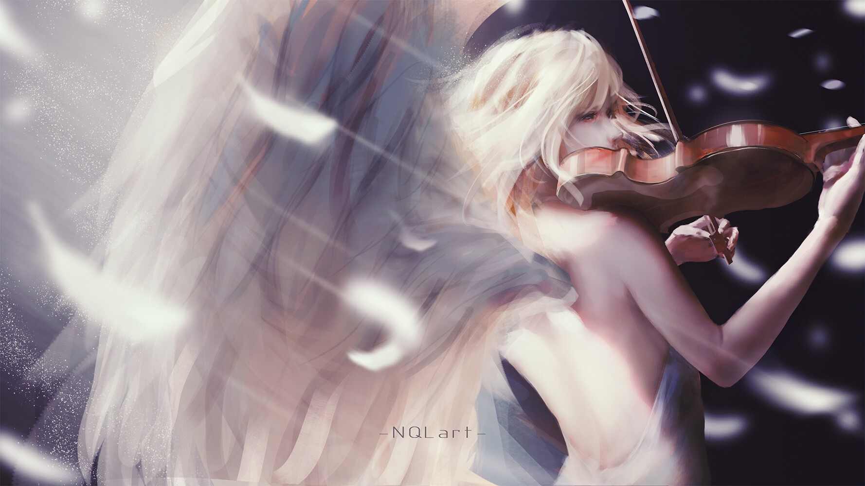 Angel playing violin with feathers HD Wallpaper