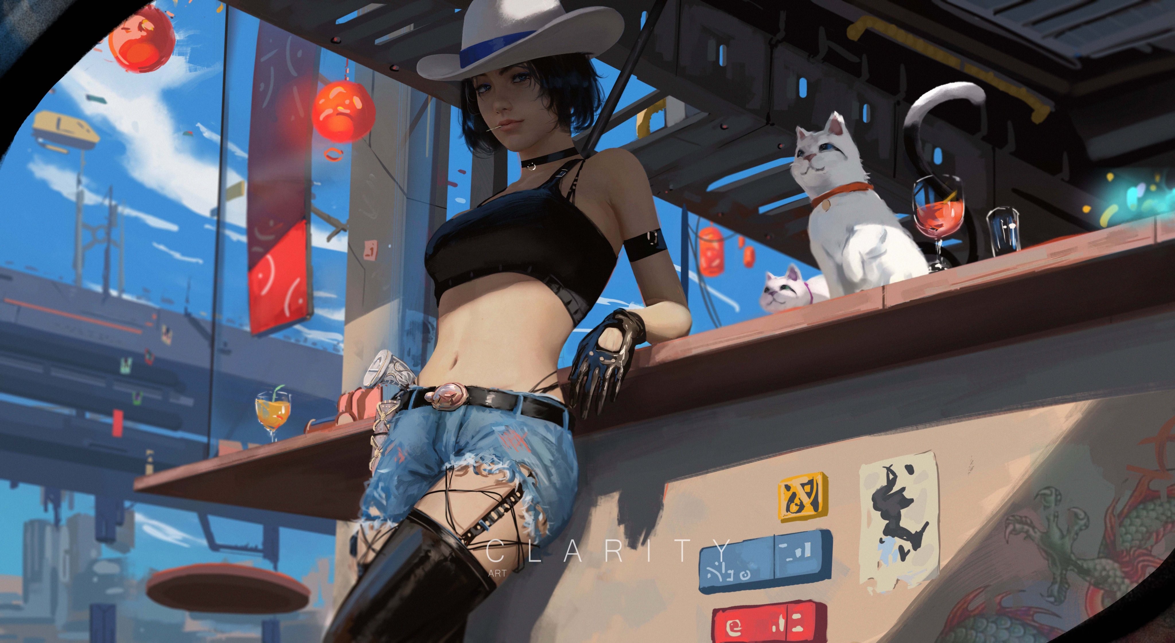 Woman in cowboy hat and ripped jeans with cats at a bar HD Wallpaper