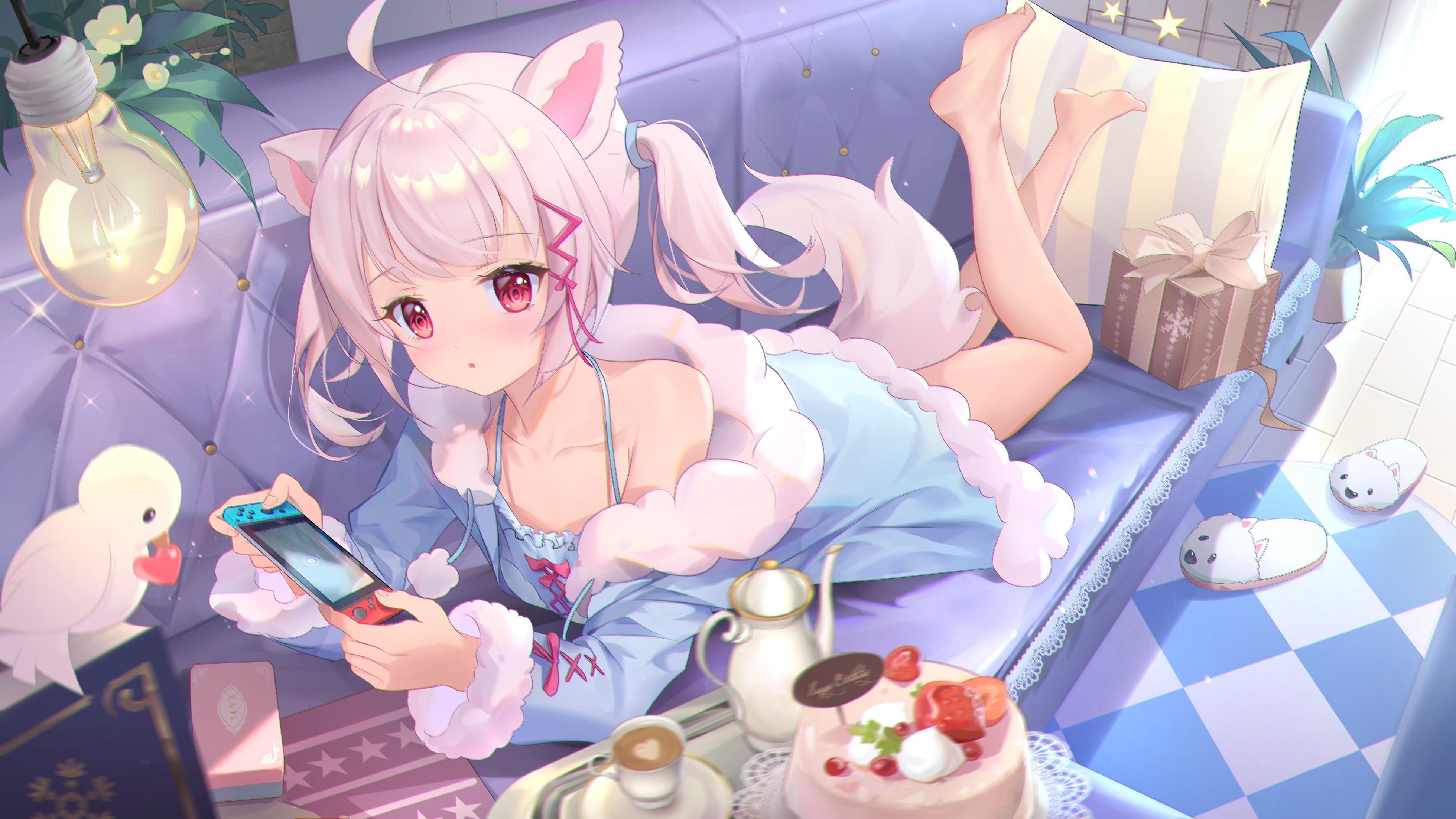 Anime girl with cat ears playing Nintendo Switch on couch HD Wallpaper
