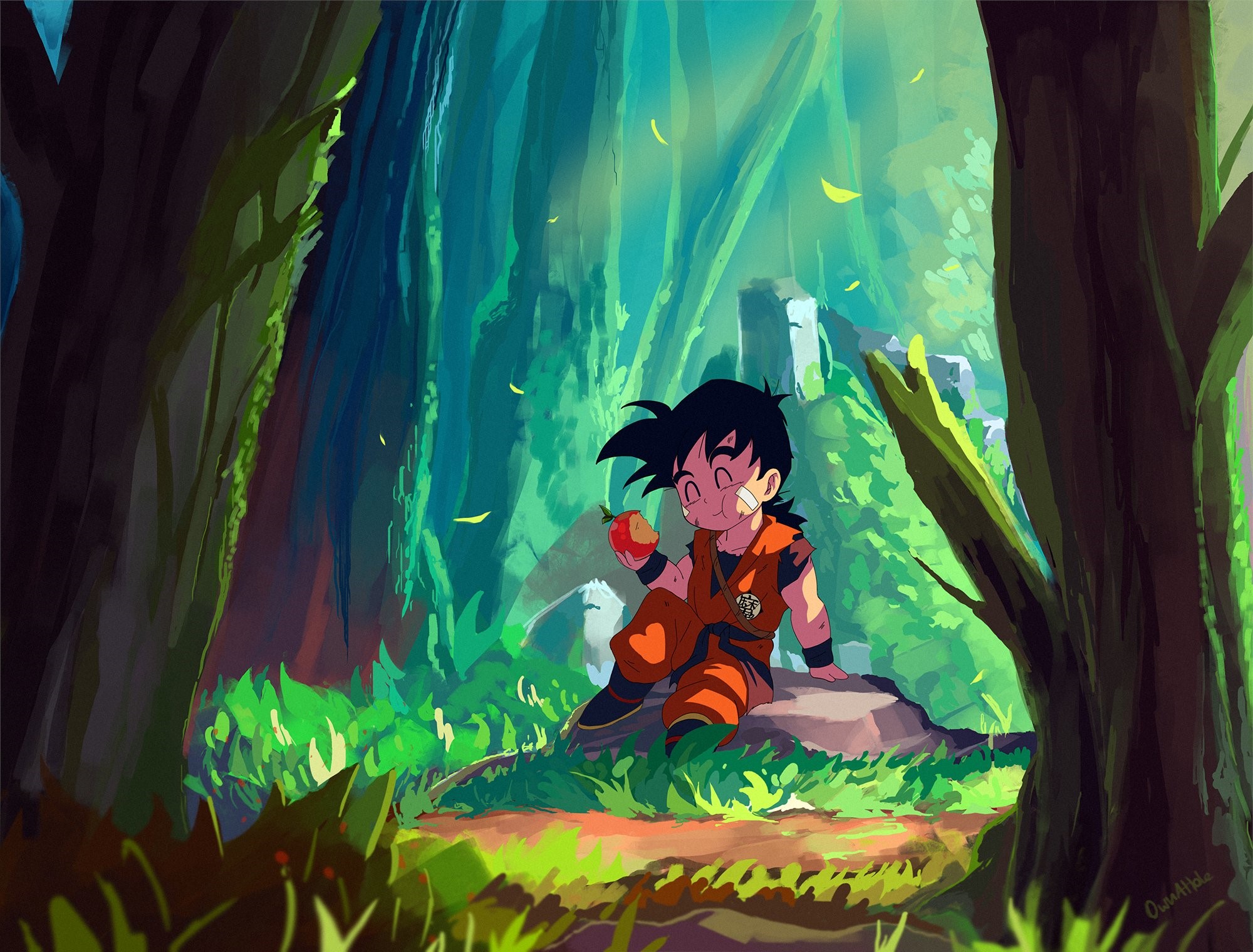 Gohan from Dragon Ball Z eating an apple in a forest HD Wallpaper