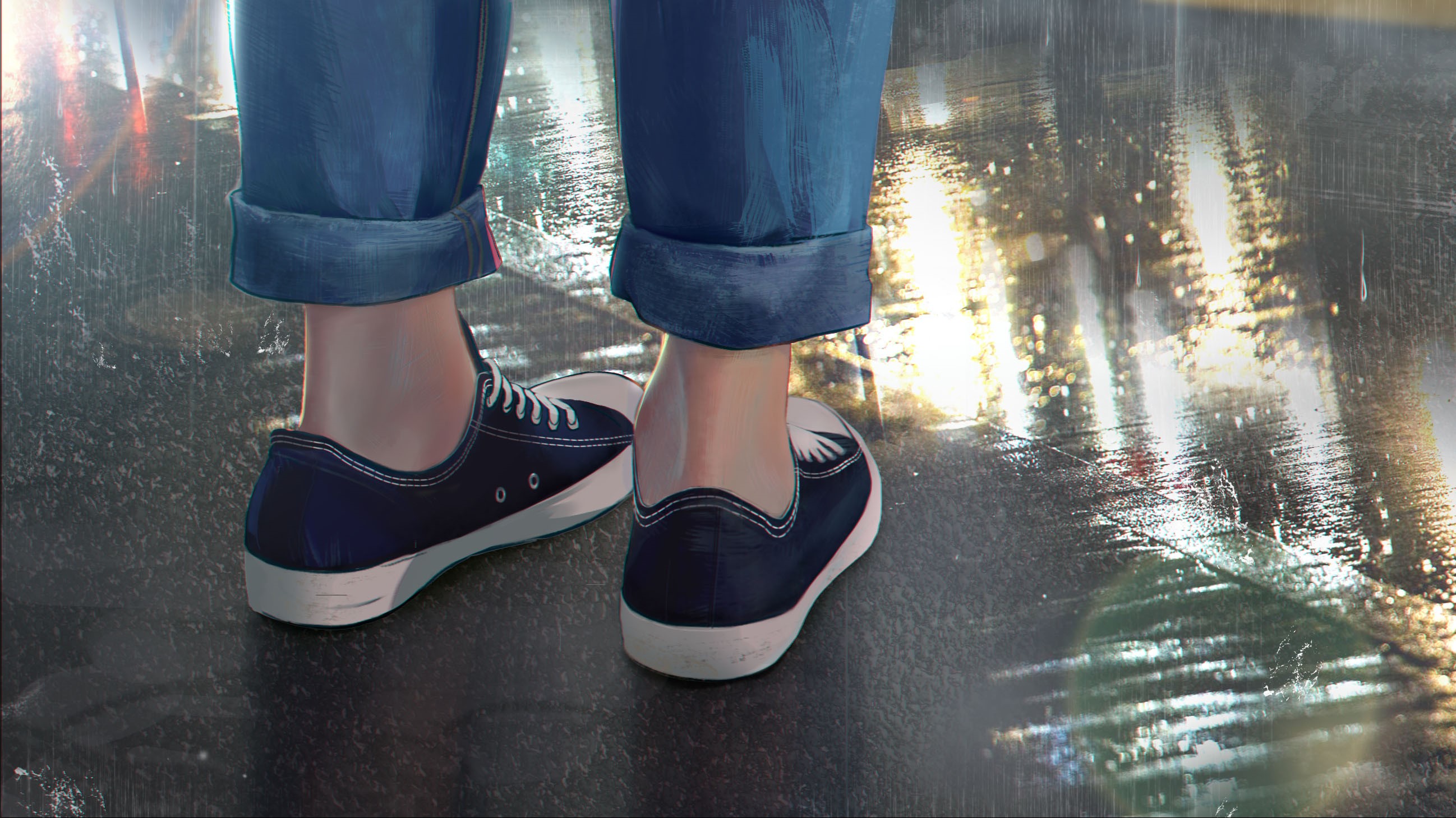 Person wearing jeans and sneakers on a wet street HD Wallpaper