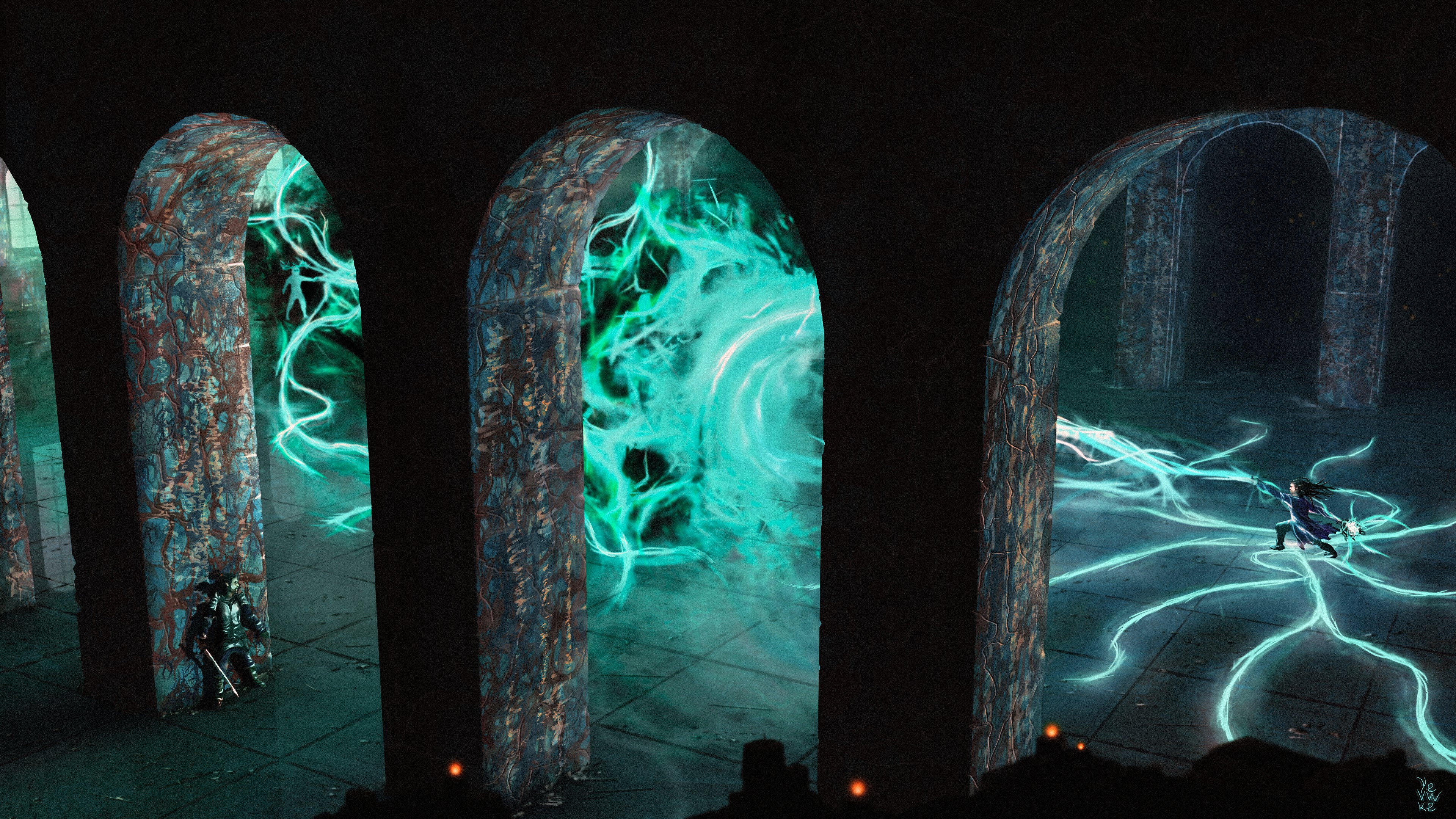Fantasy art with magic portals and warriors HD Wallpaper