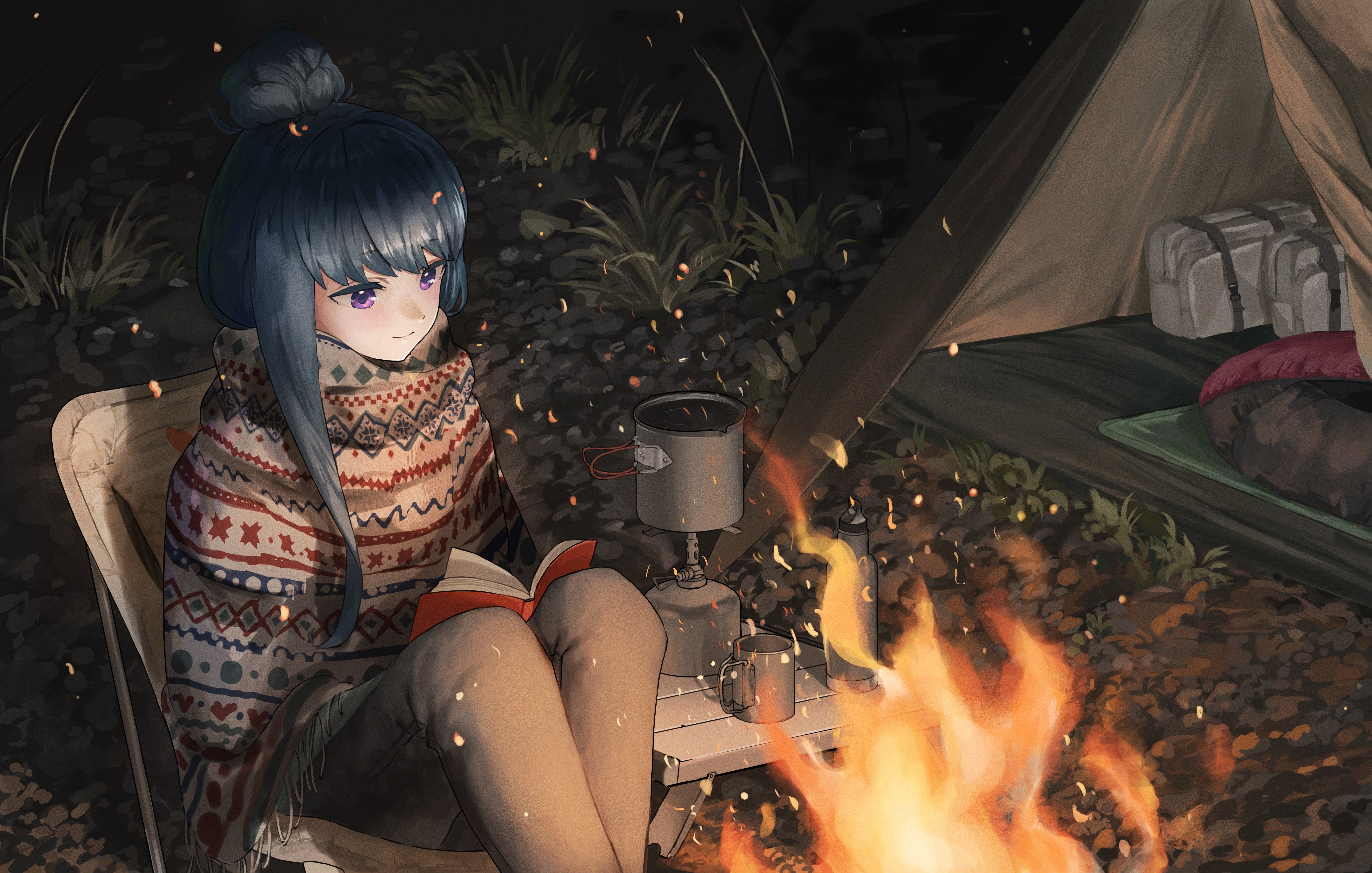 Rin Shima from Yuru Camp by a campfire HD Wallpaper