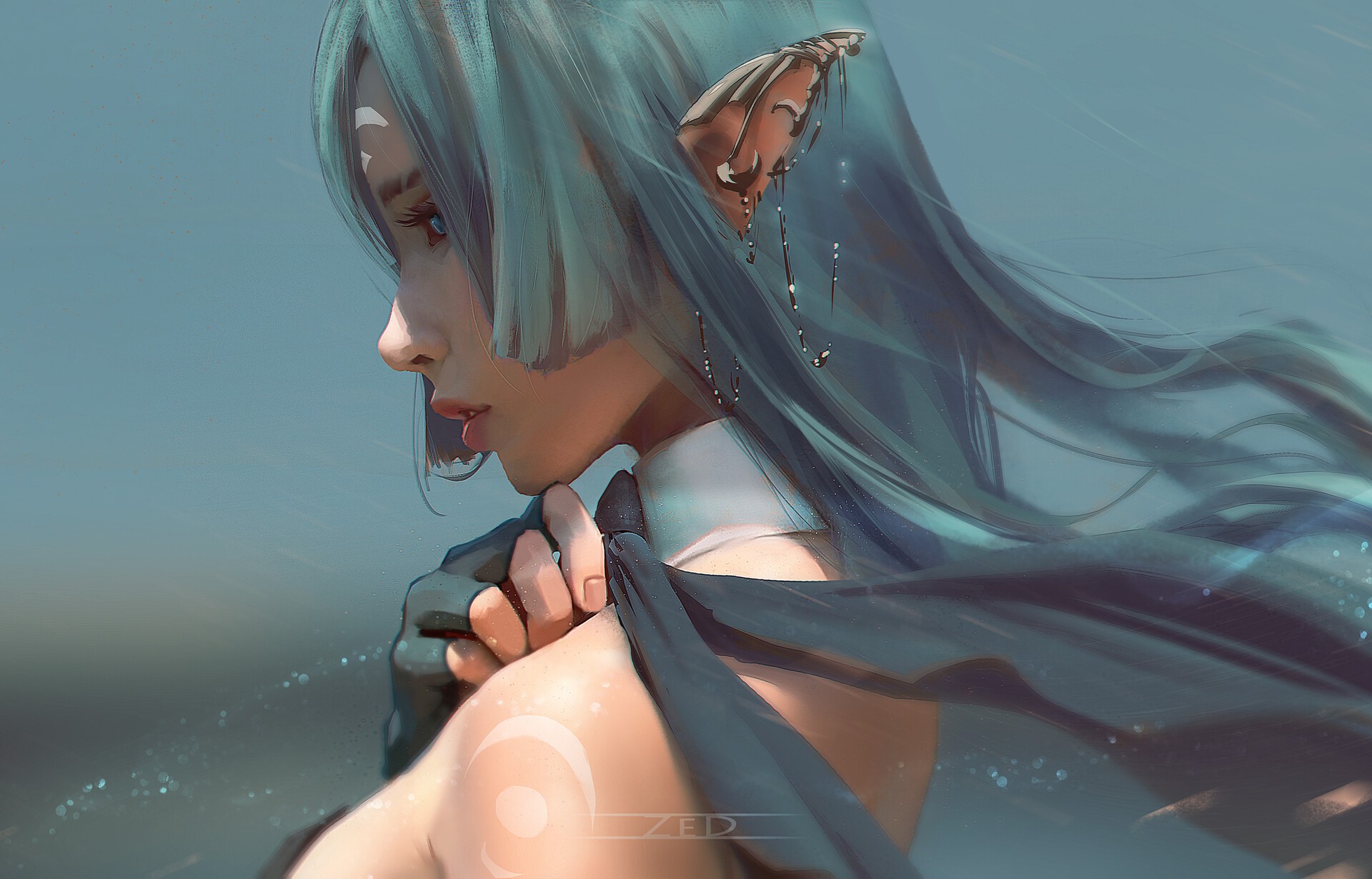 Elf woman with blue hair and blue eyes, portrait HD Wallpaper