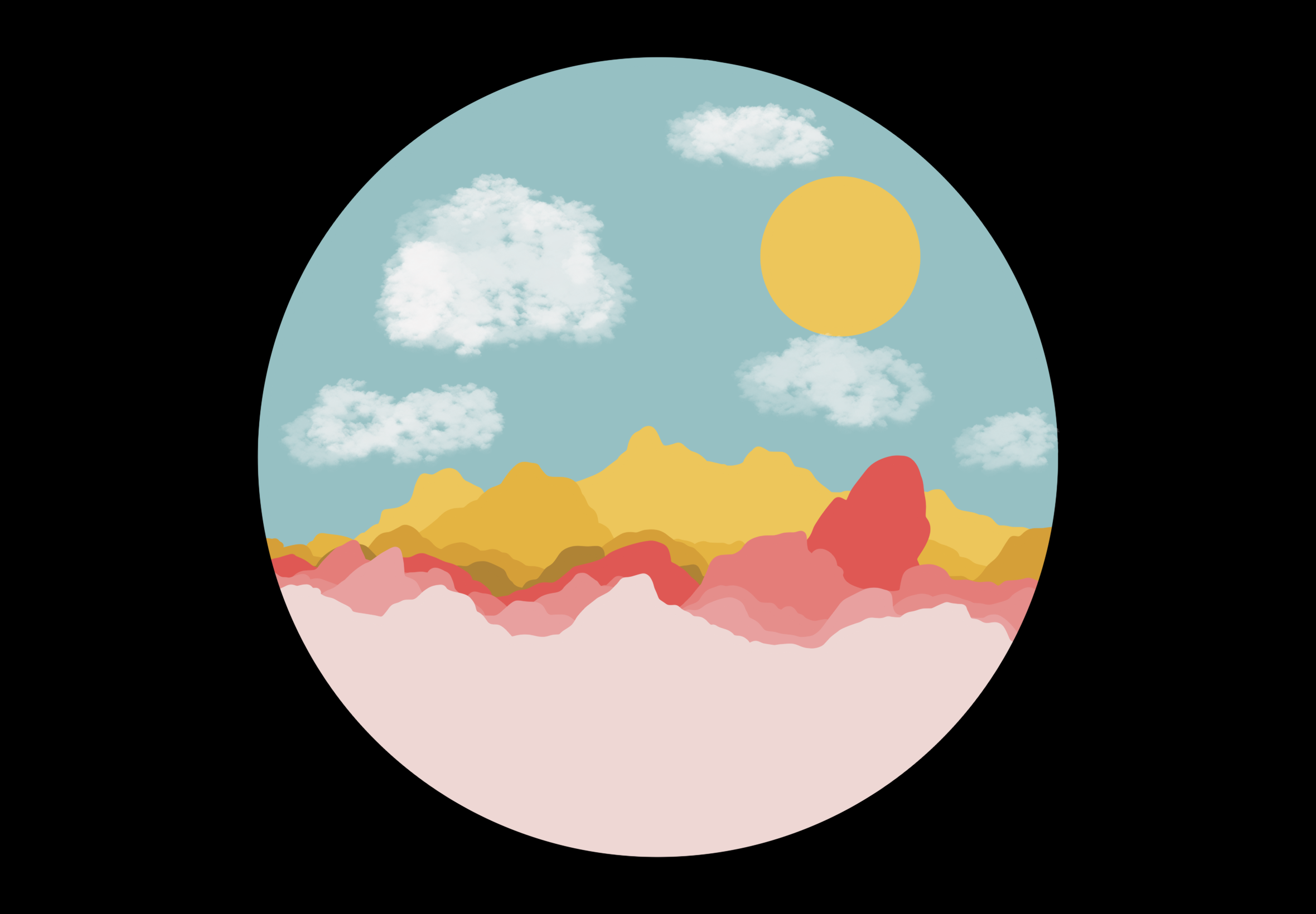Artwork of a surreal landscape with mountains and clouds HD Wallpaper