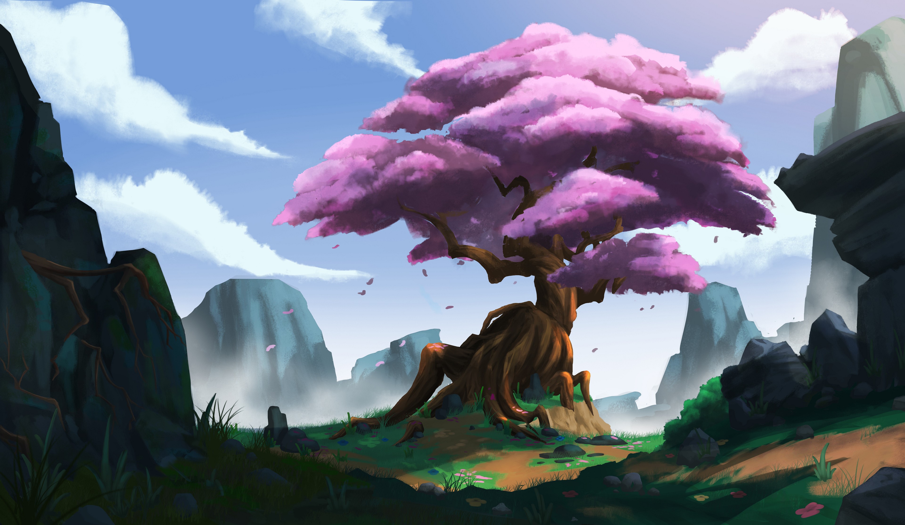 Artwork of a cherry blossom tree by Loo DeJing HD Wallpaper
