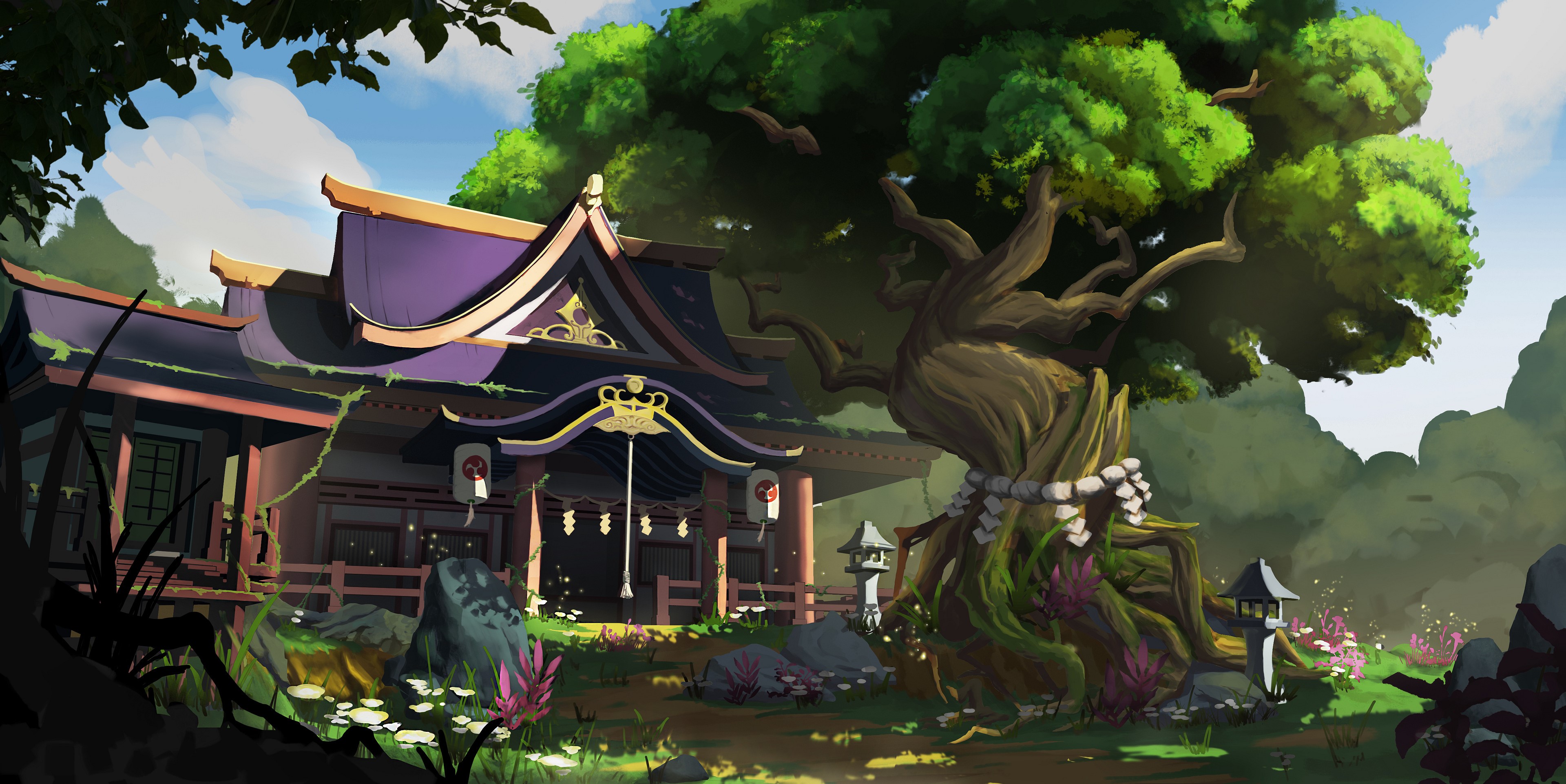 Japanese Temple and Old Tree Landscape HD Wallpaper