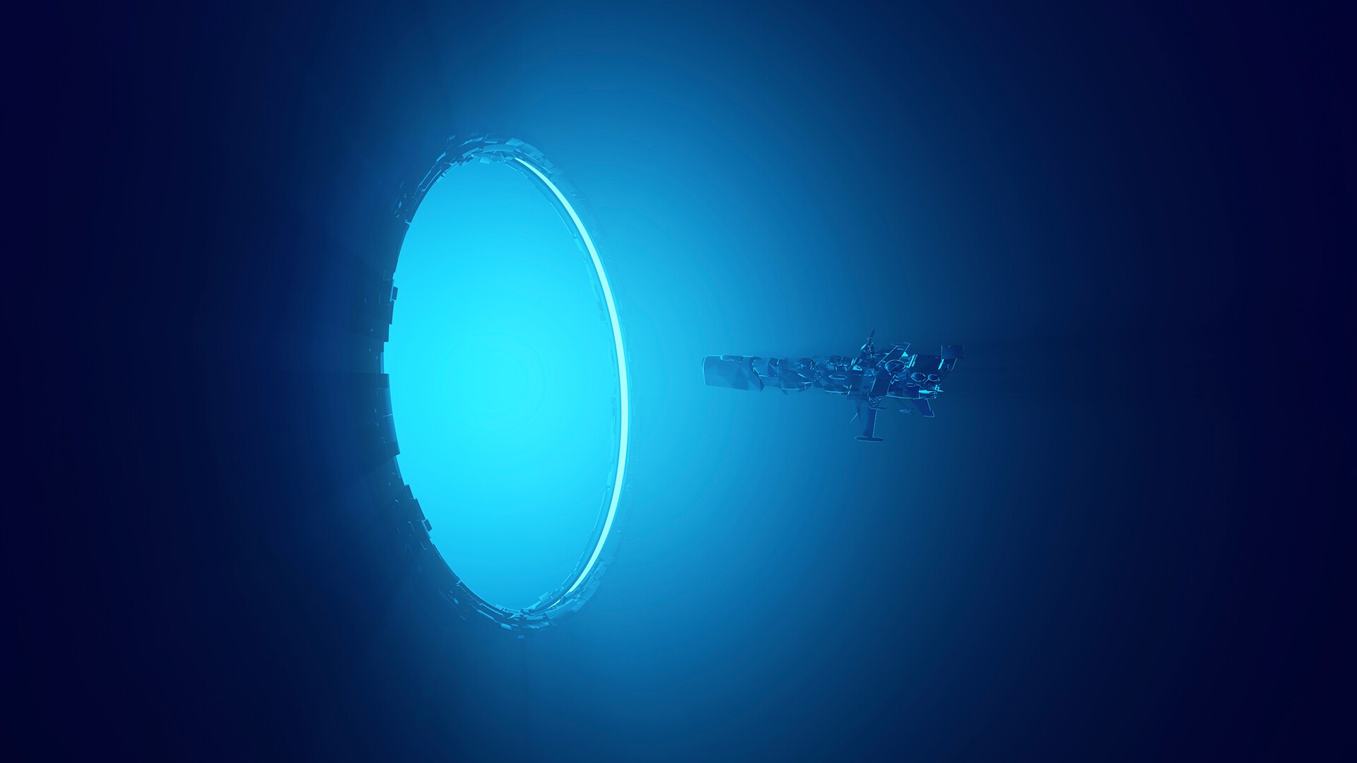 Spaceship approaching a glowing blue portal HD Wallpaper