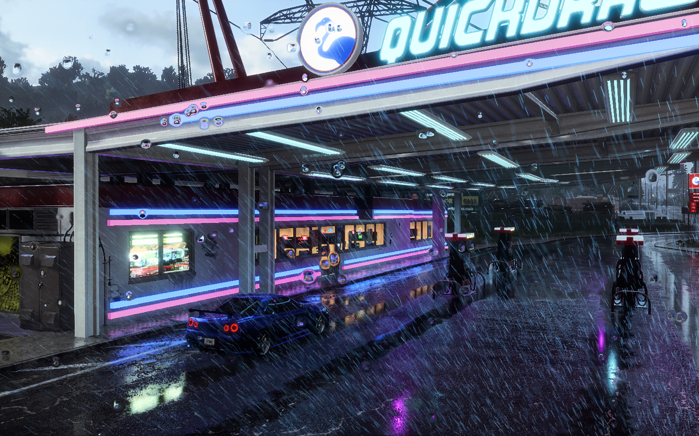 Nissan Skyline R34 at Quicky Mart in the rain HD Wallpaper