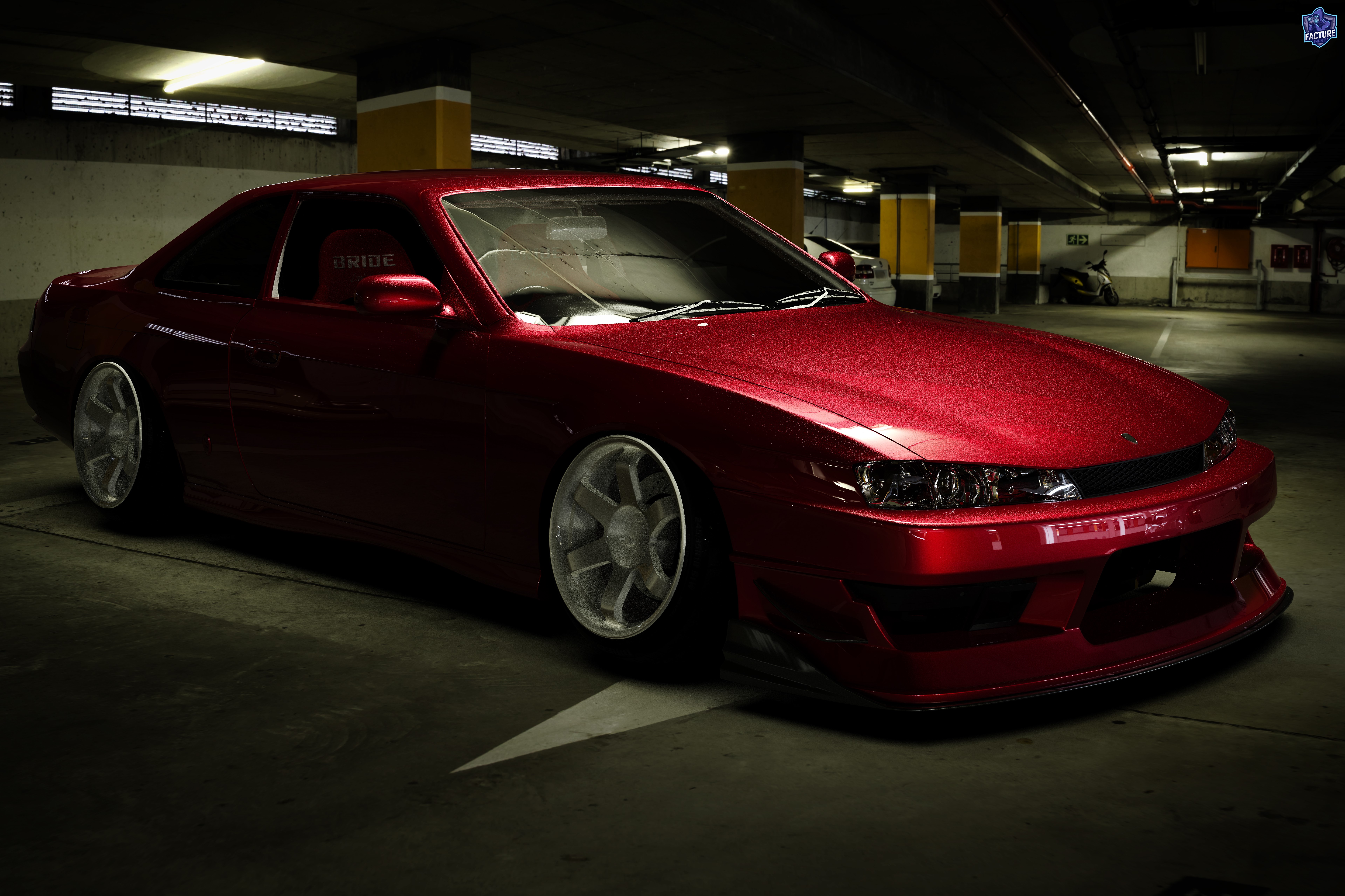 Candyfloss Red Modified Nissan S14 in Car Park HD Wallpaper