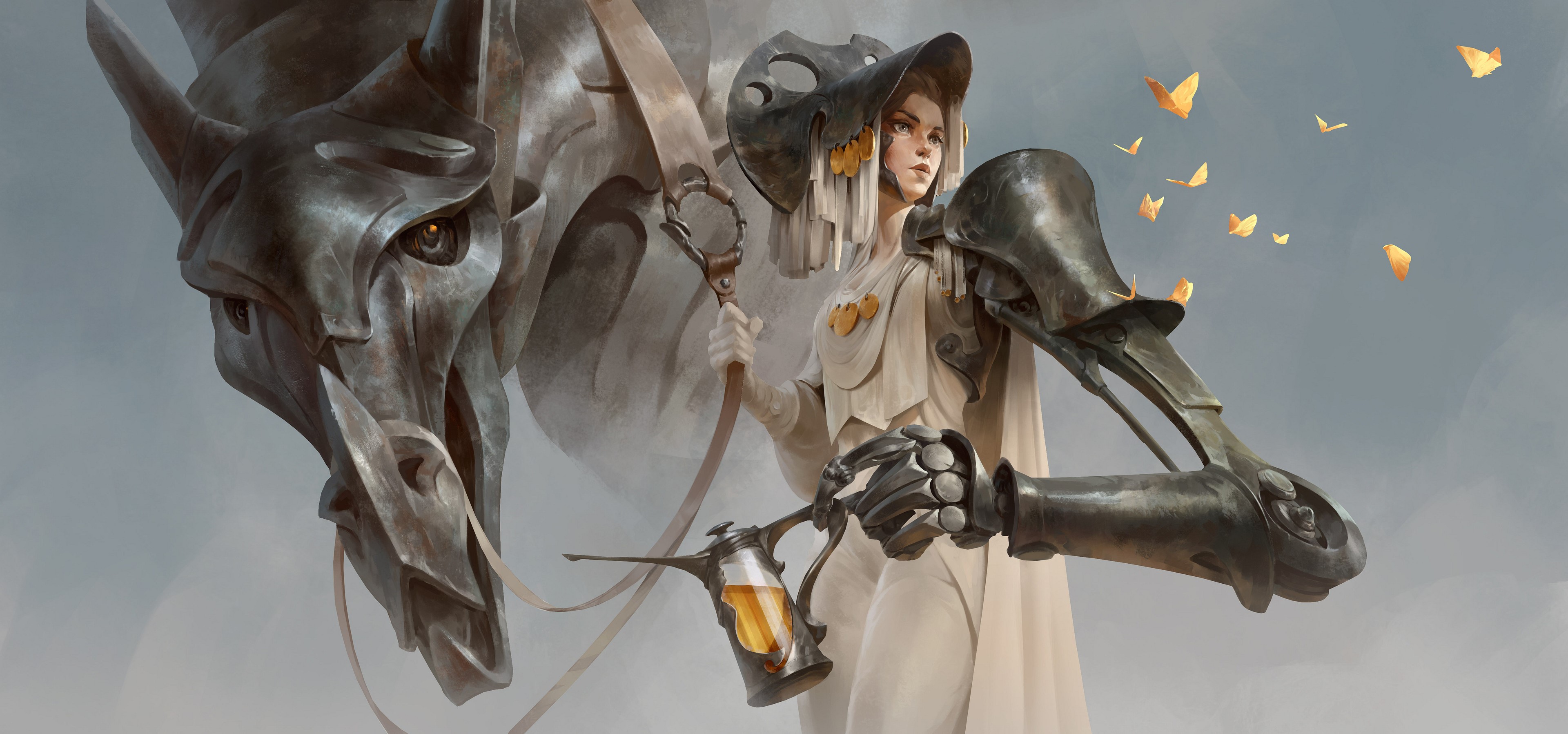 Fantasy girl with mechanical horse and butterflies HD Wallpaper