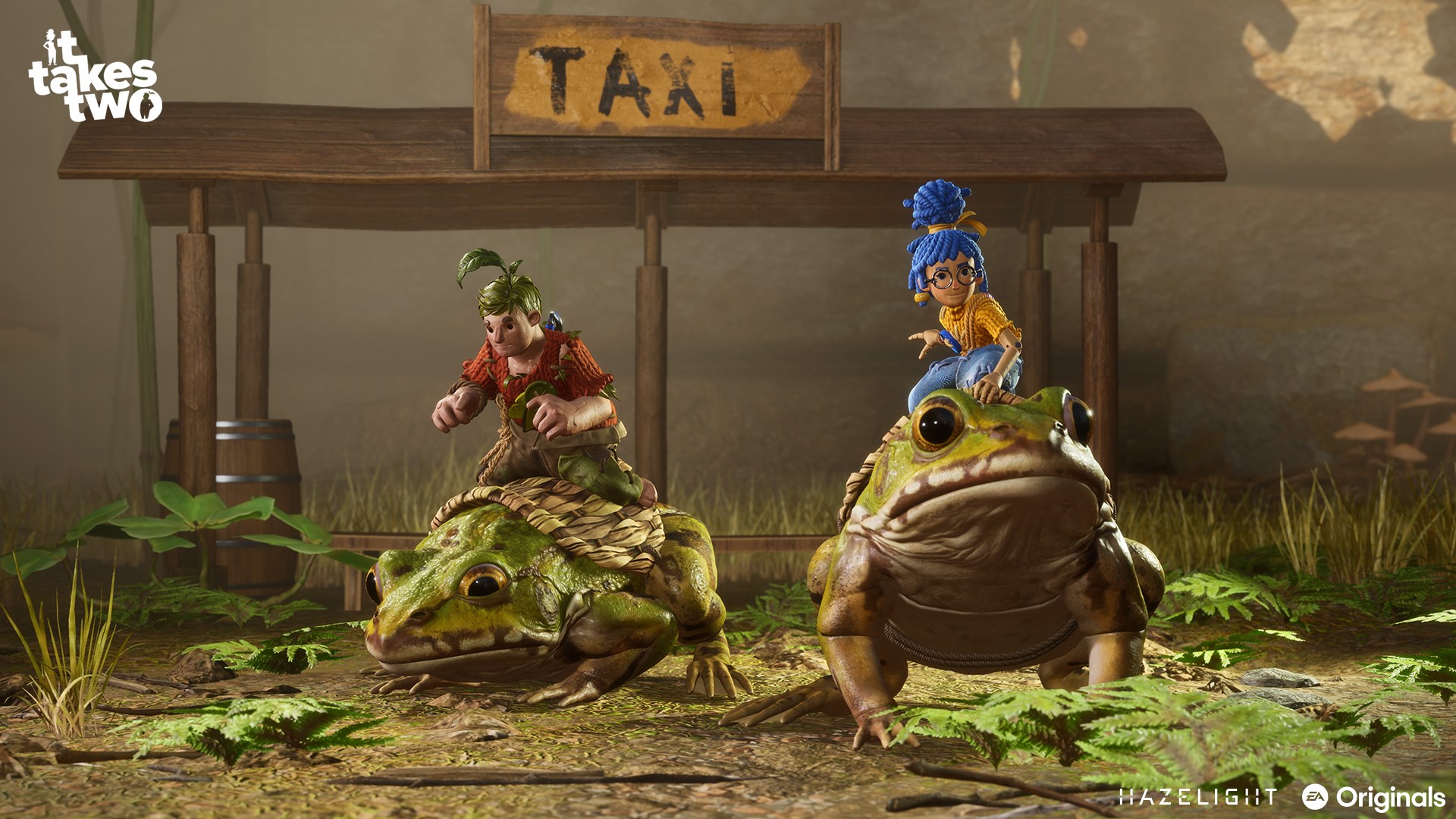 It Takes Two characters on frogs at taxi stop HD Wallpaper