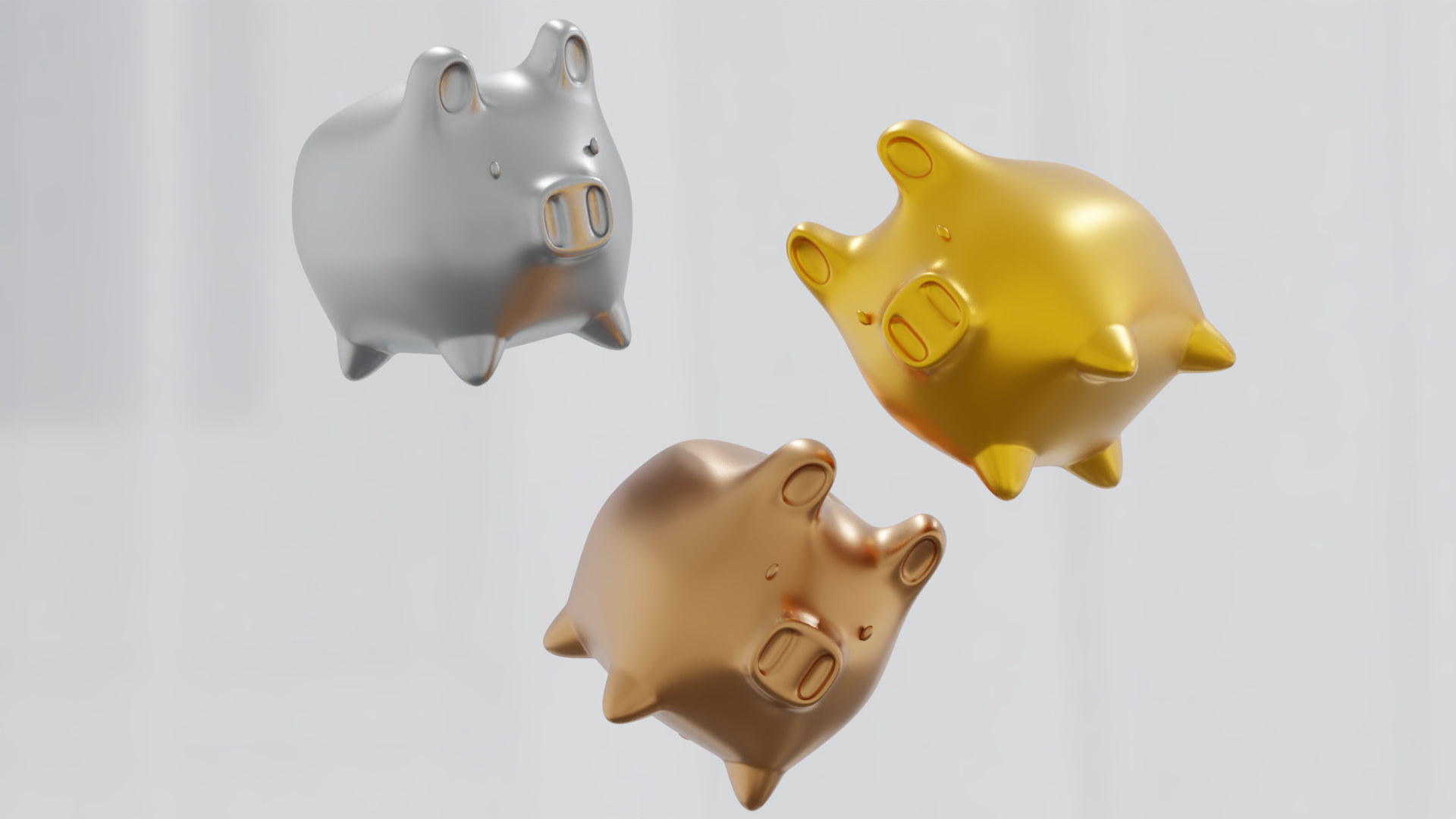 Three piggy banks in silver, gold, and bronze HD Wallpaper