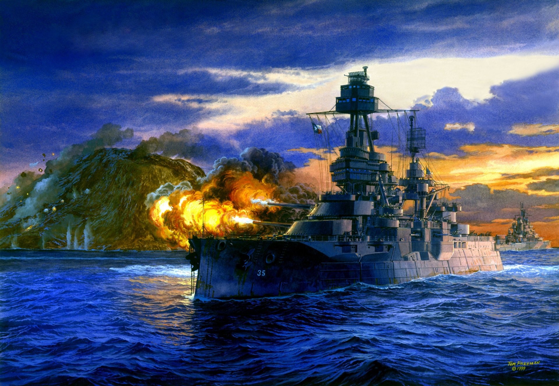 USS Texas Battleship Firing Guns at Iwo Jima HD Wallpaper