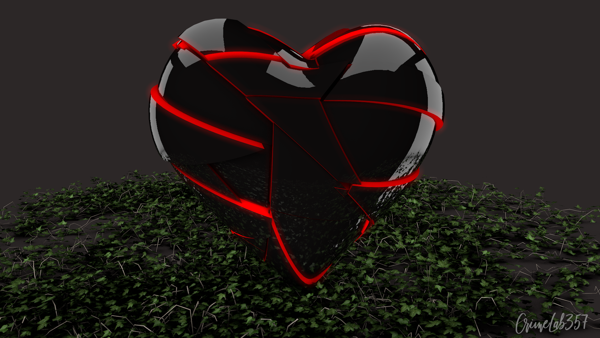 Broken black heart with red neon lights on grass HD Wallpaper