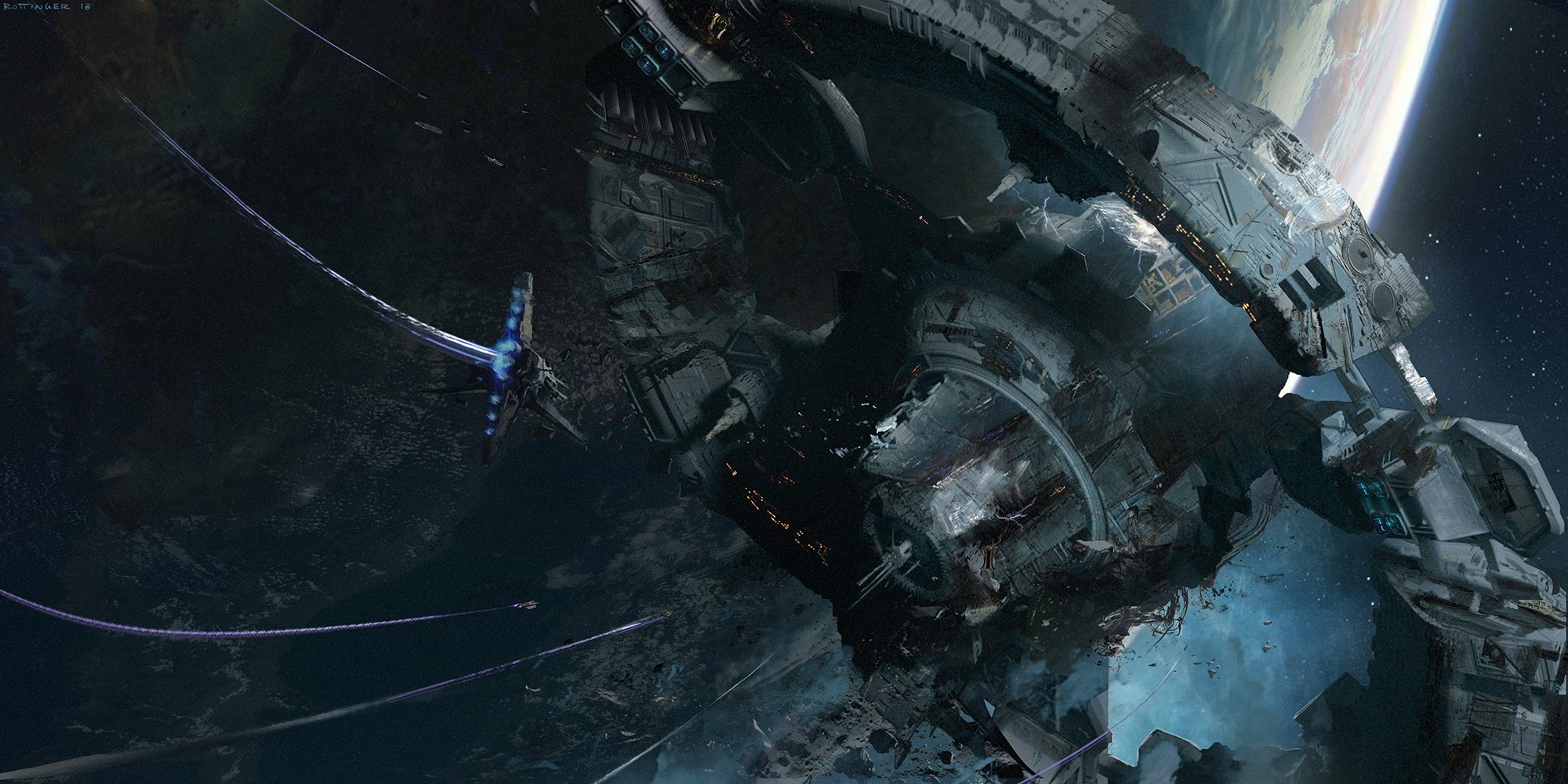 Artwork of a damaged space station by Blake Rottinger HD Wallpaper