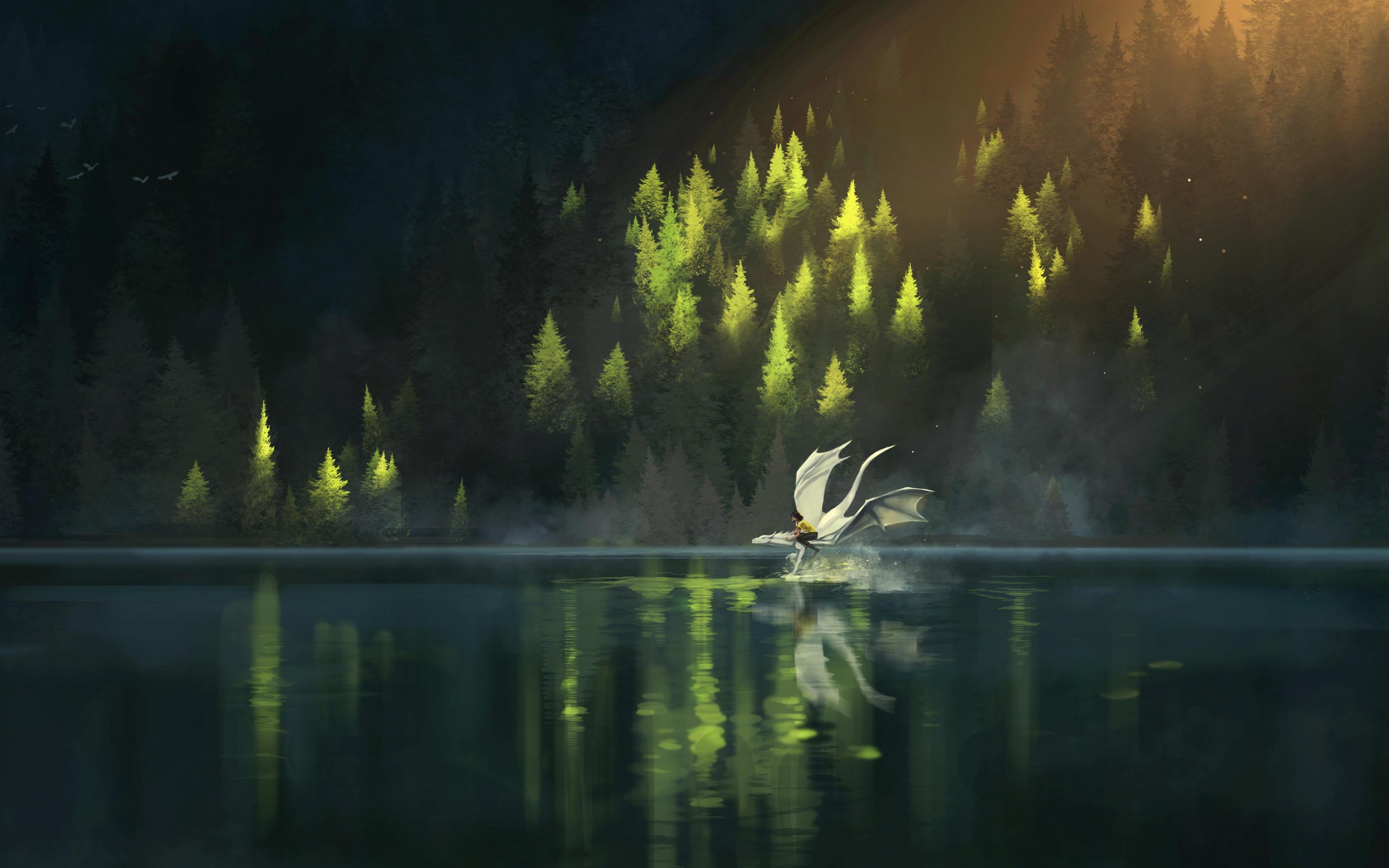 Dragon flying over a lake in a forest HD Wallpaper
