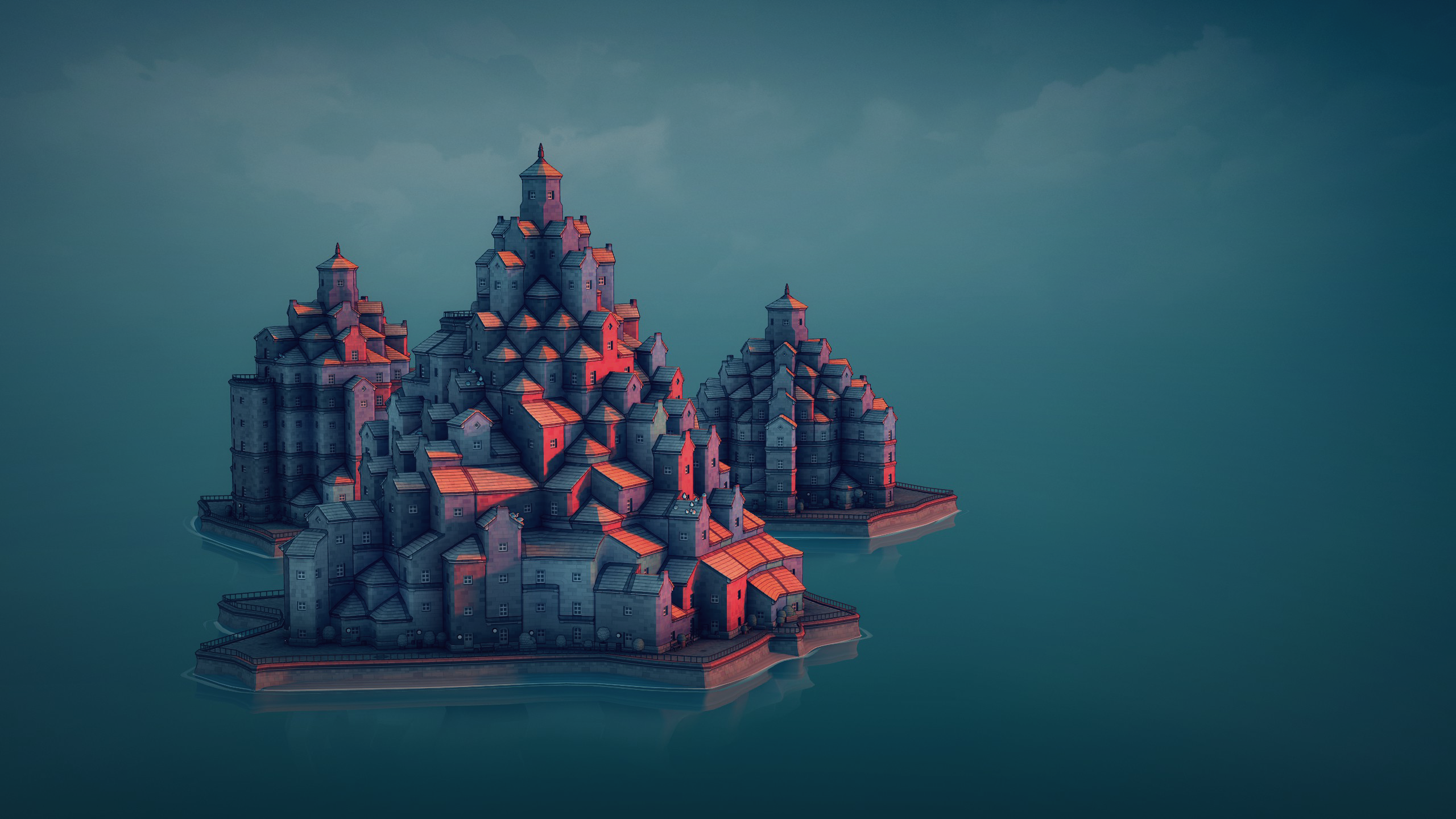 Townscaper island city with towers and buildings HD Wallpaper