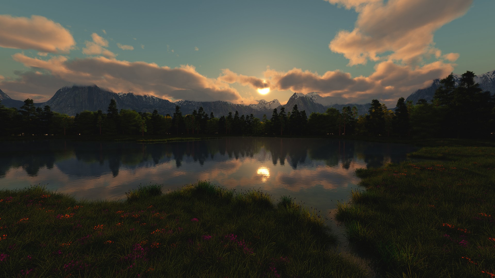 Sunset over a calm lake with mountains and trees HD Wallpaper