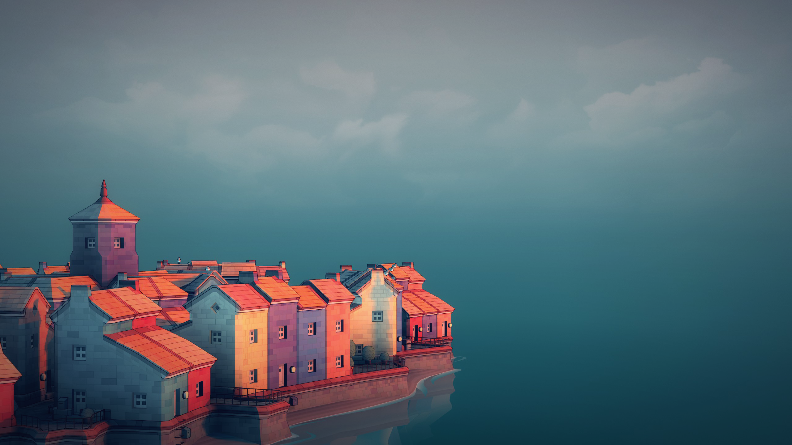 Townscaper video game art with colorful buildings by the sea HD Wallpaper