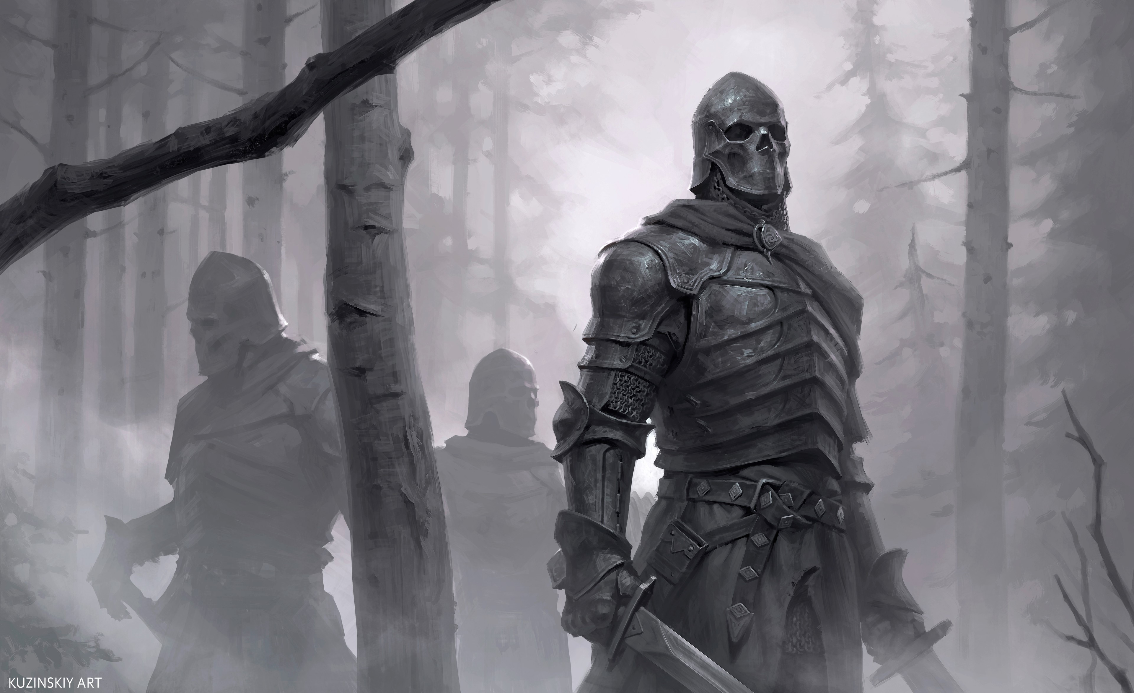 Monochrome fantasy art of knights in armor HD Wallpaper
