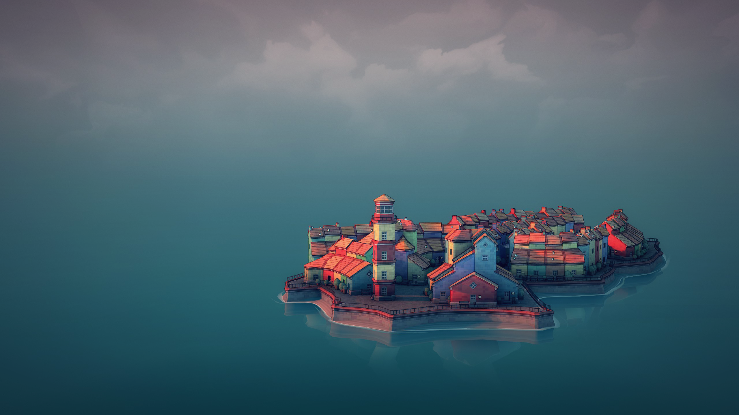 Island town with lighthouse in video game art HD Wallpaper