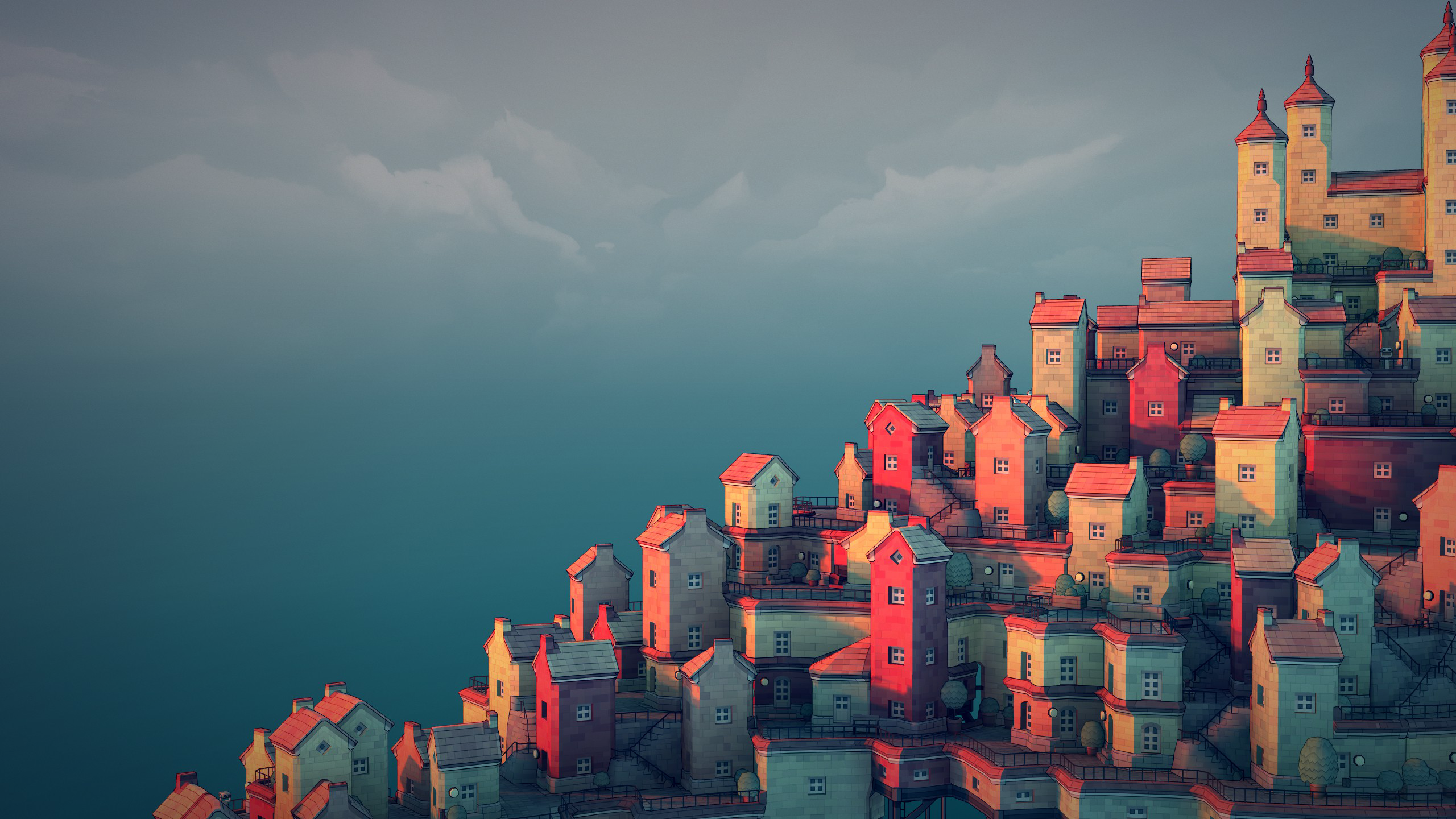 Stylized town with colorful buildings on a hill HD Wallpaper