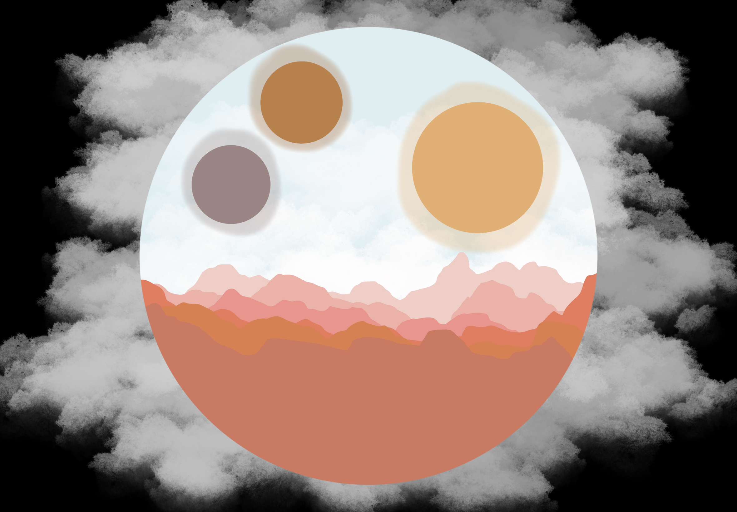 Abstract landscape with mountains and celestial bodies HD Wallpaper