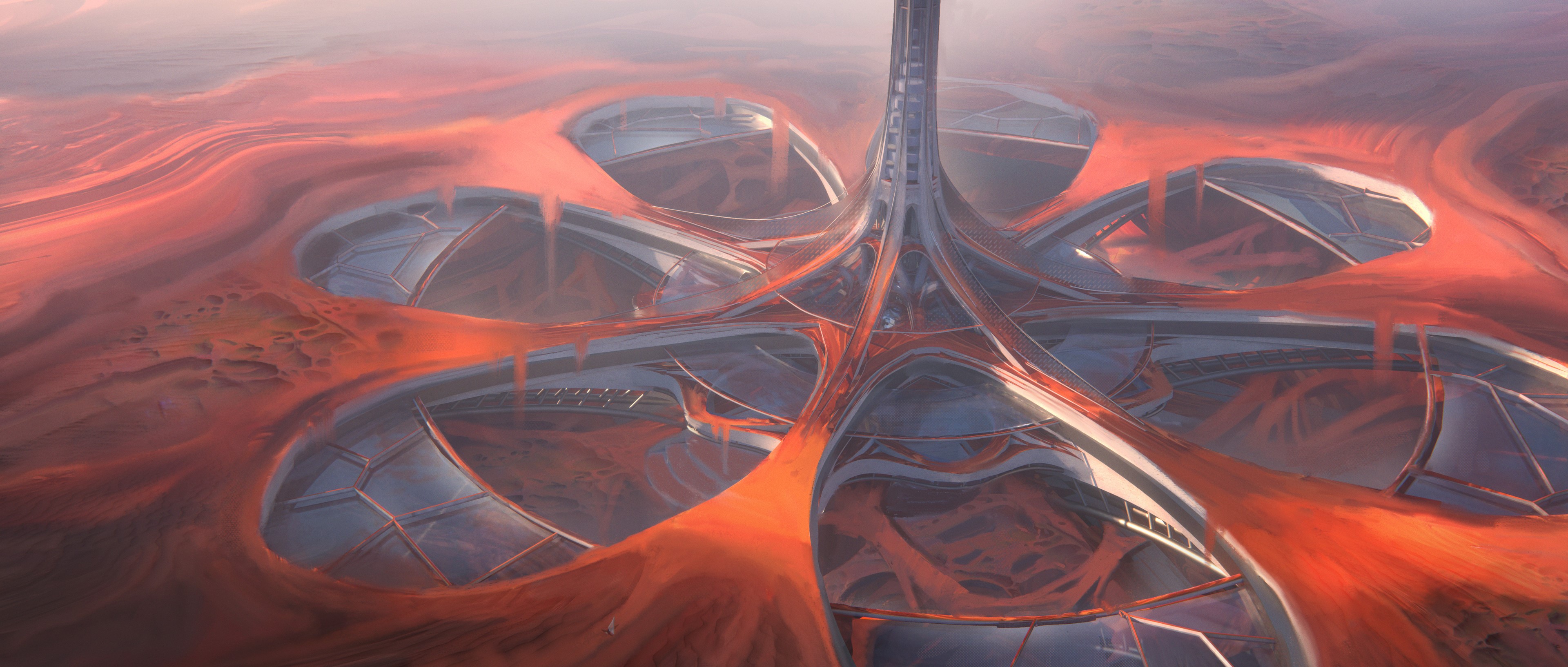 4K Artwork of Futuristic Structure in Red Landscape by Leon Tukker HD Wallpaper