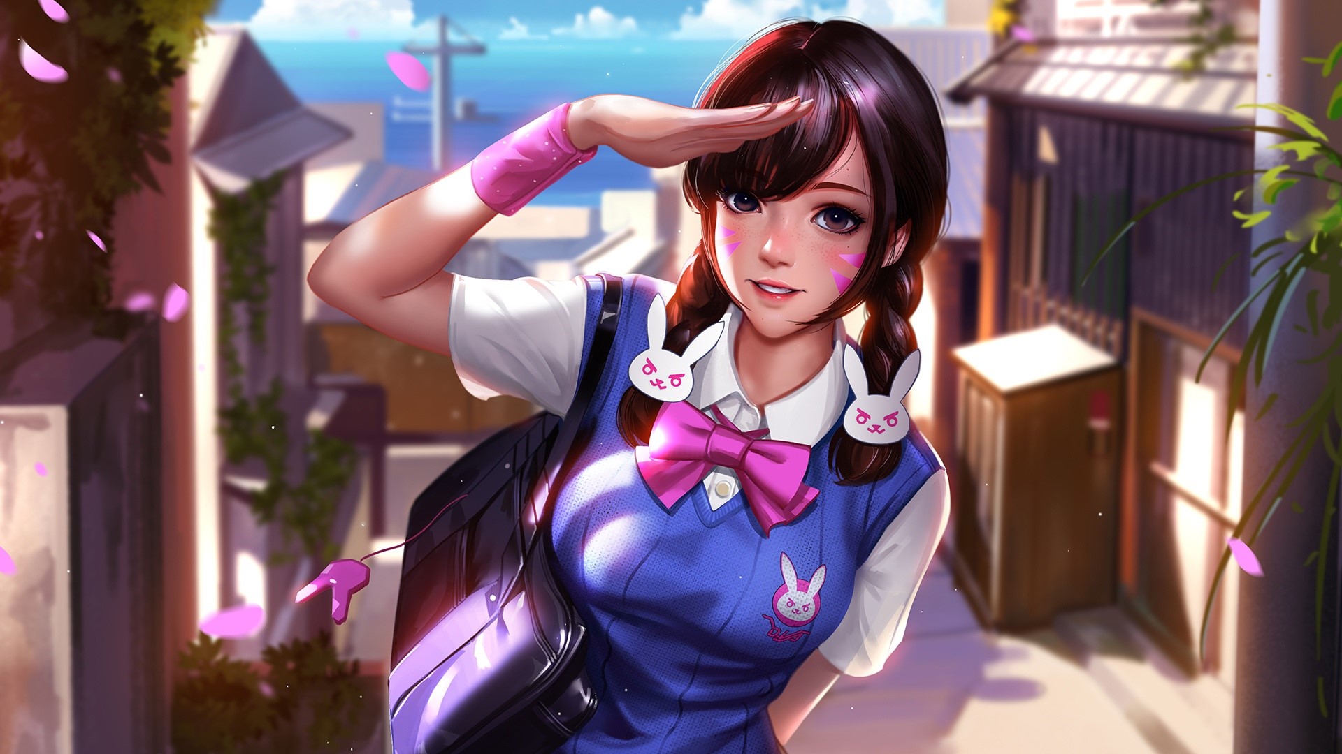 D.Va from Overwatch in school uniform HD Wallpaper