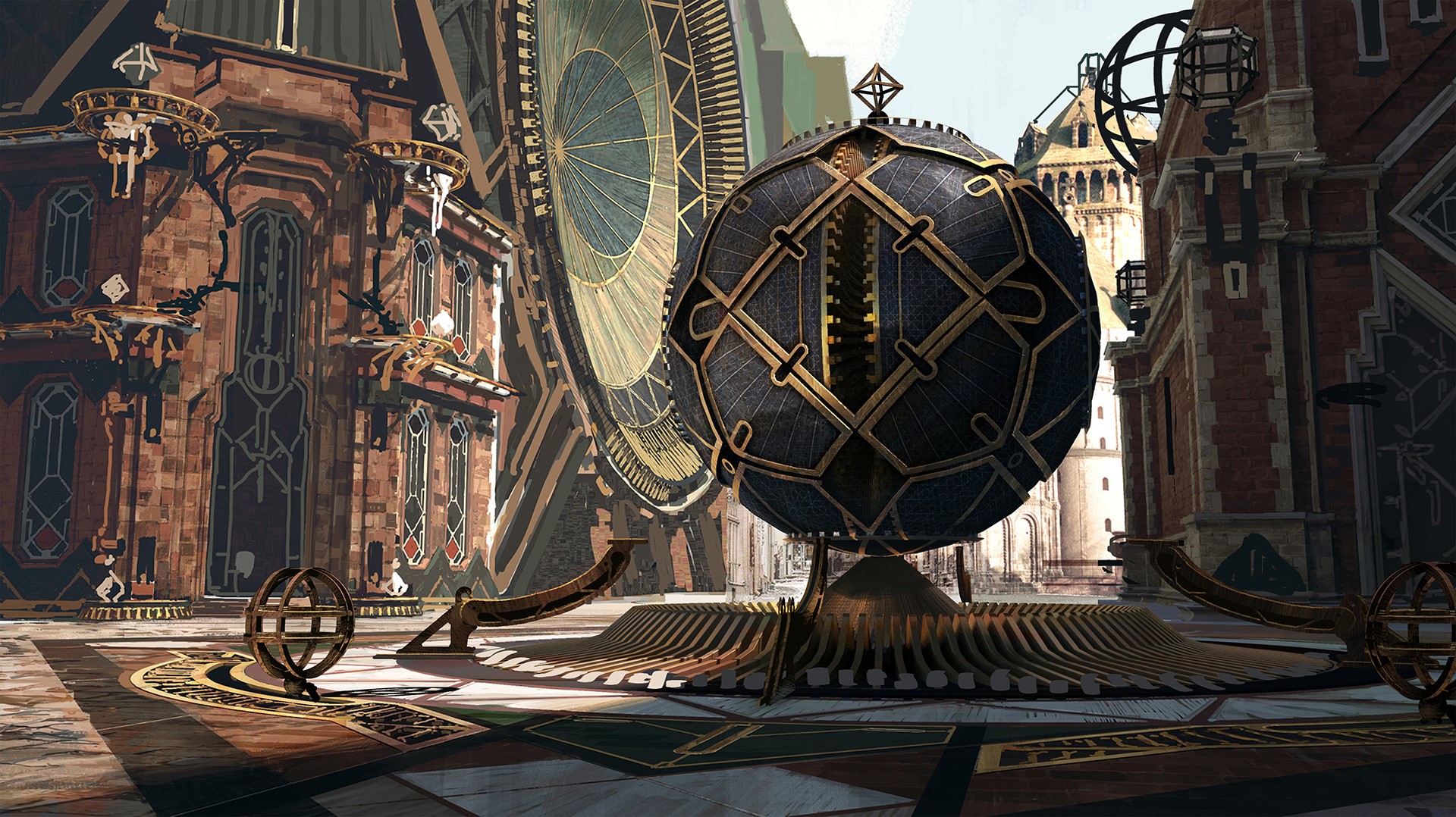 Piltover cityscape with a large orrery and clockwork structures HD Wallpaper