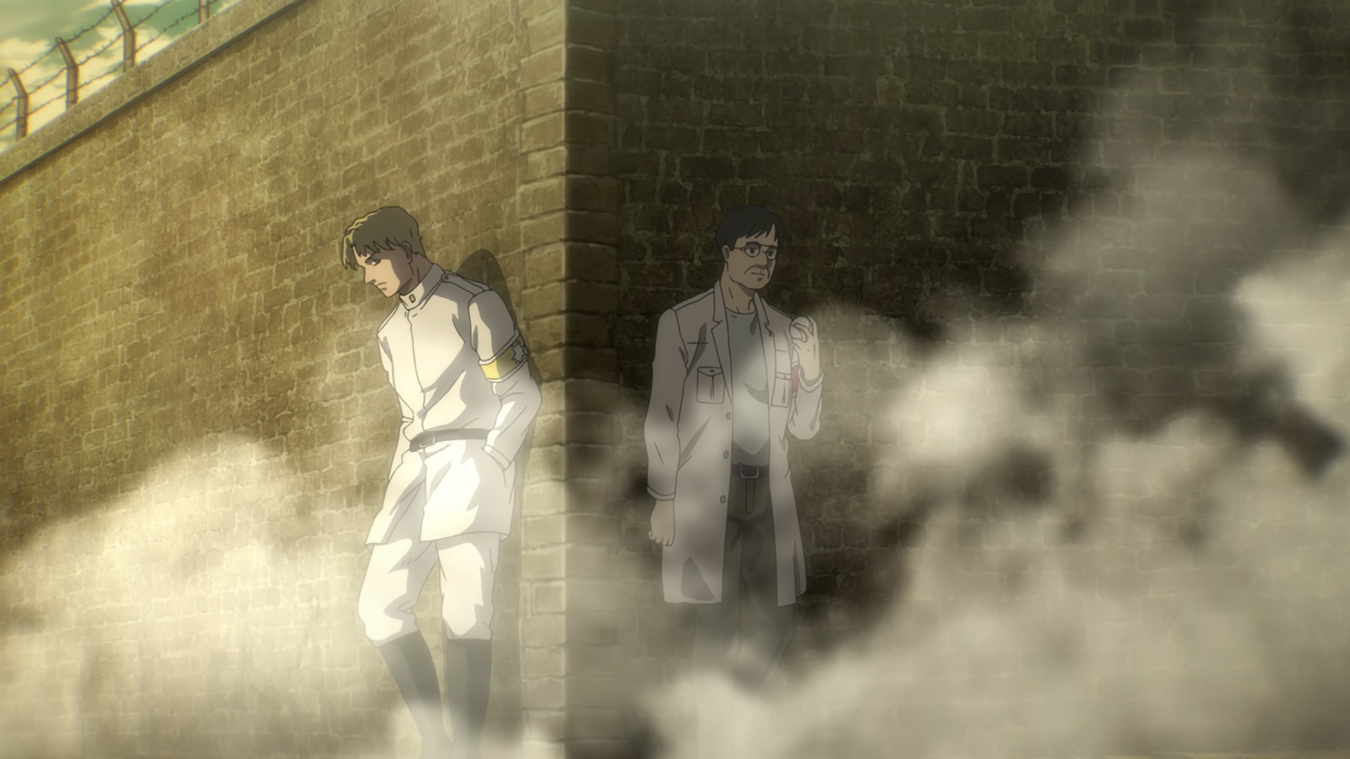 Two men in a foggy alleyway HD Wallpaper