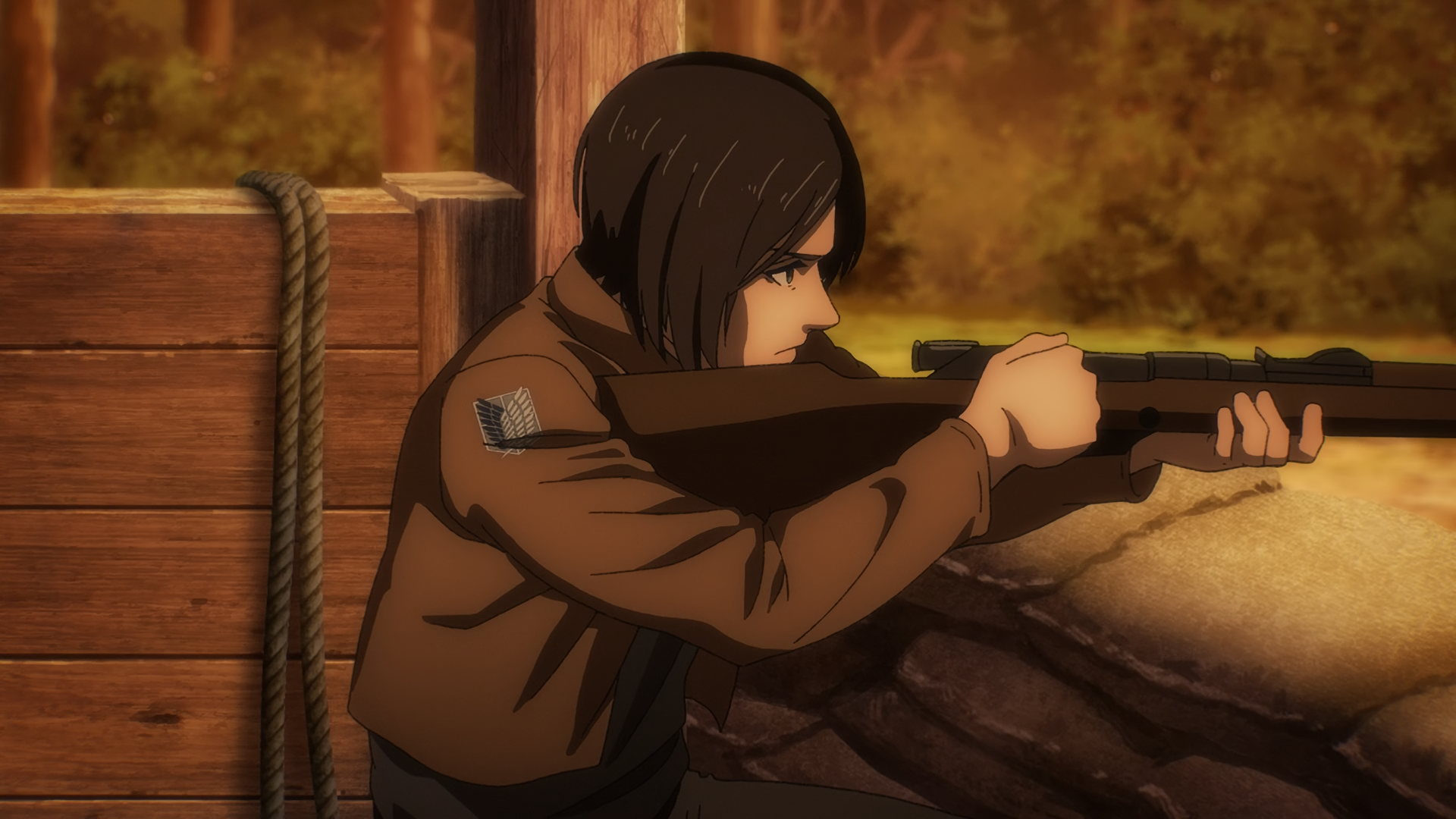 Mikasa Ackerman from Attack on Titan aiming a rifle HD Wallpaper