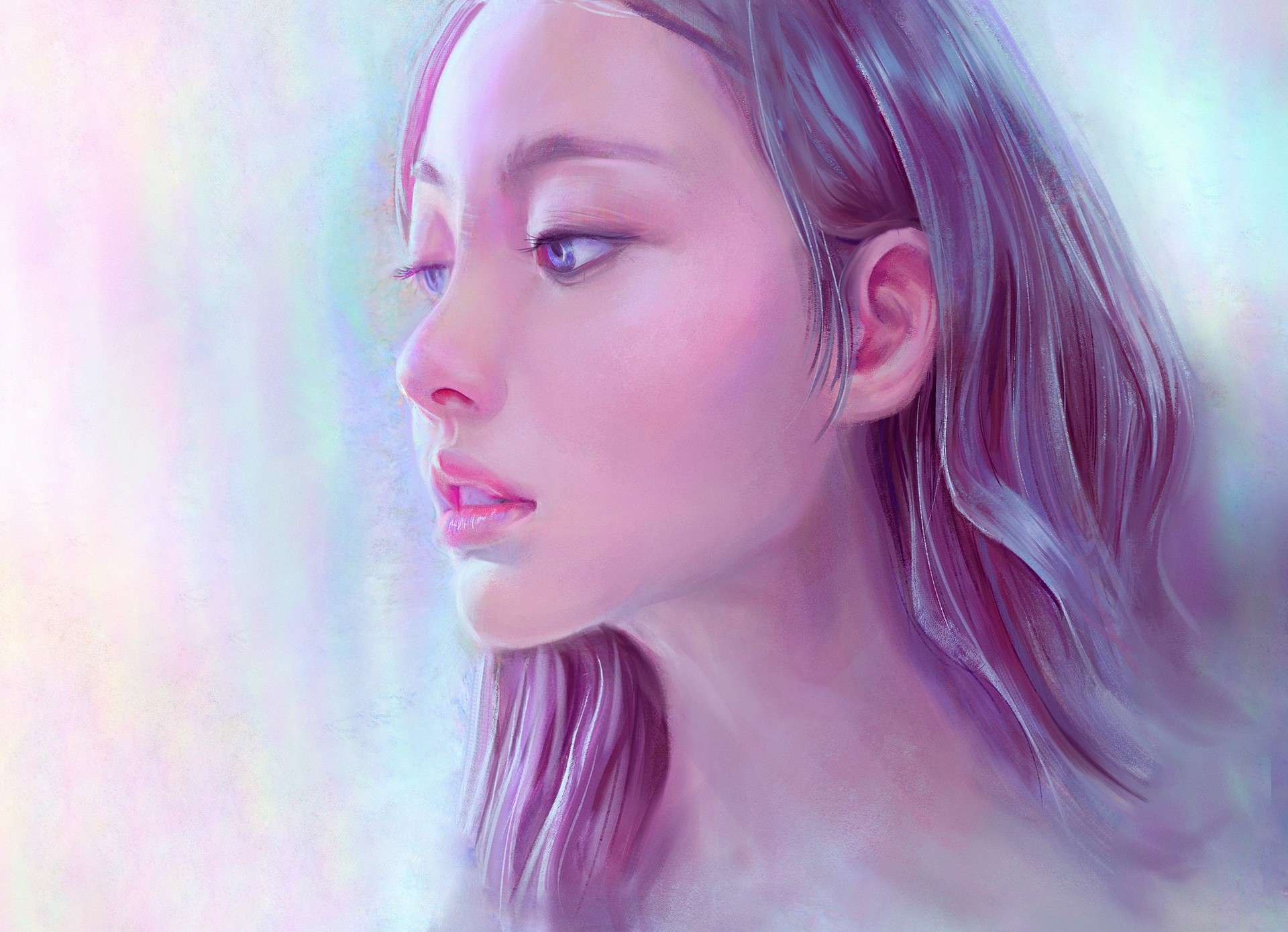 Artwork of a woman with long purple hair and blue eyes HD Wallpaper
