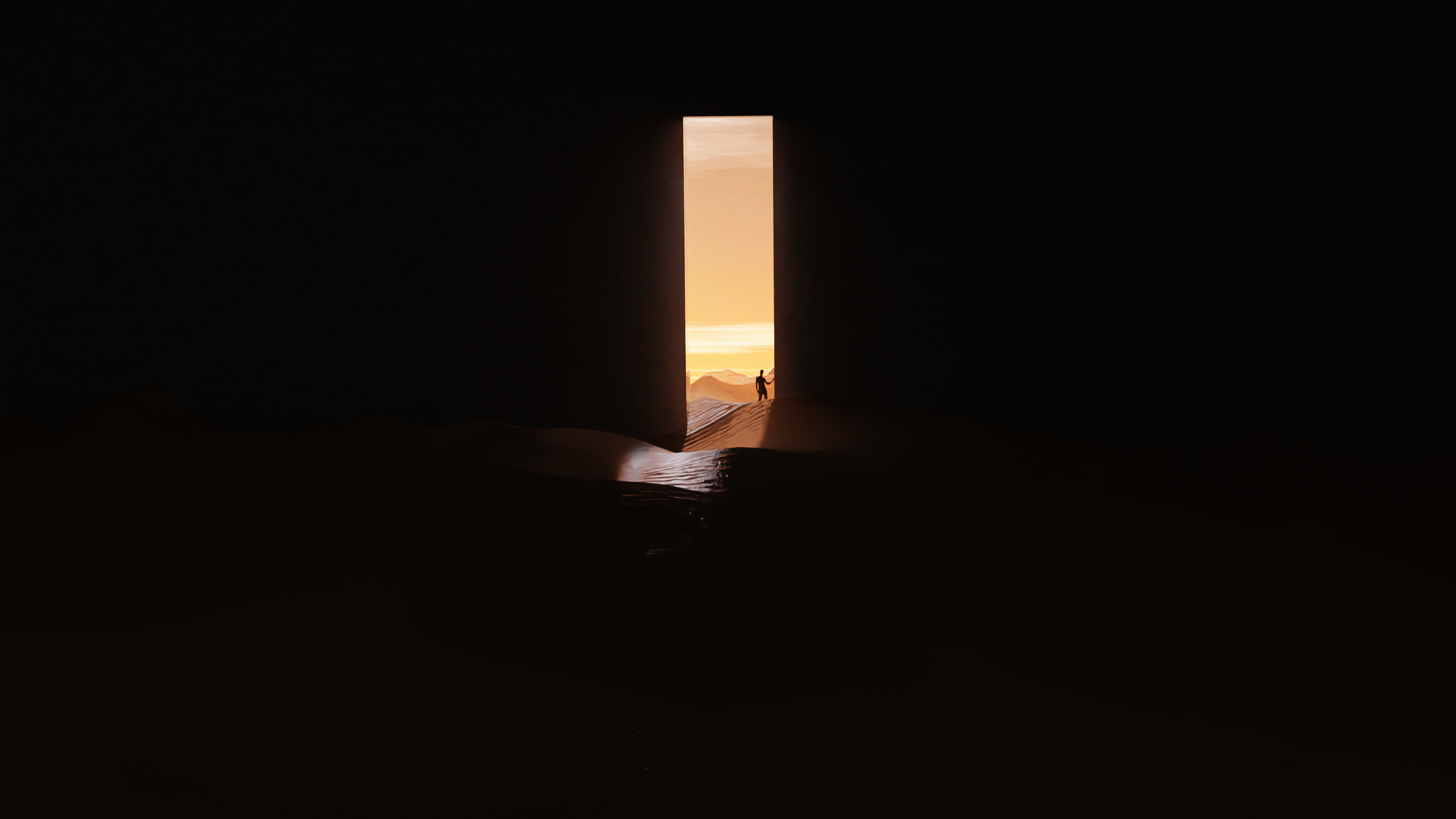 Silhouette of a person in a doorway at sunset HD Wallpaper