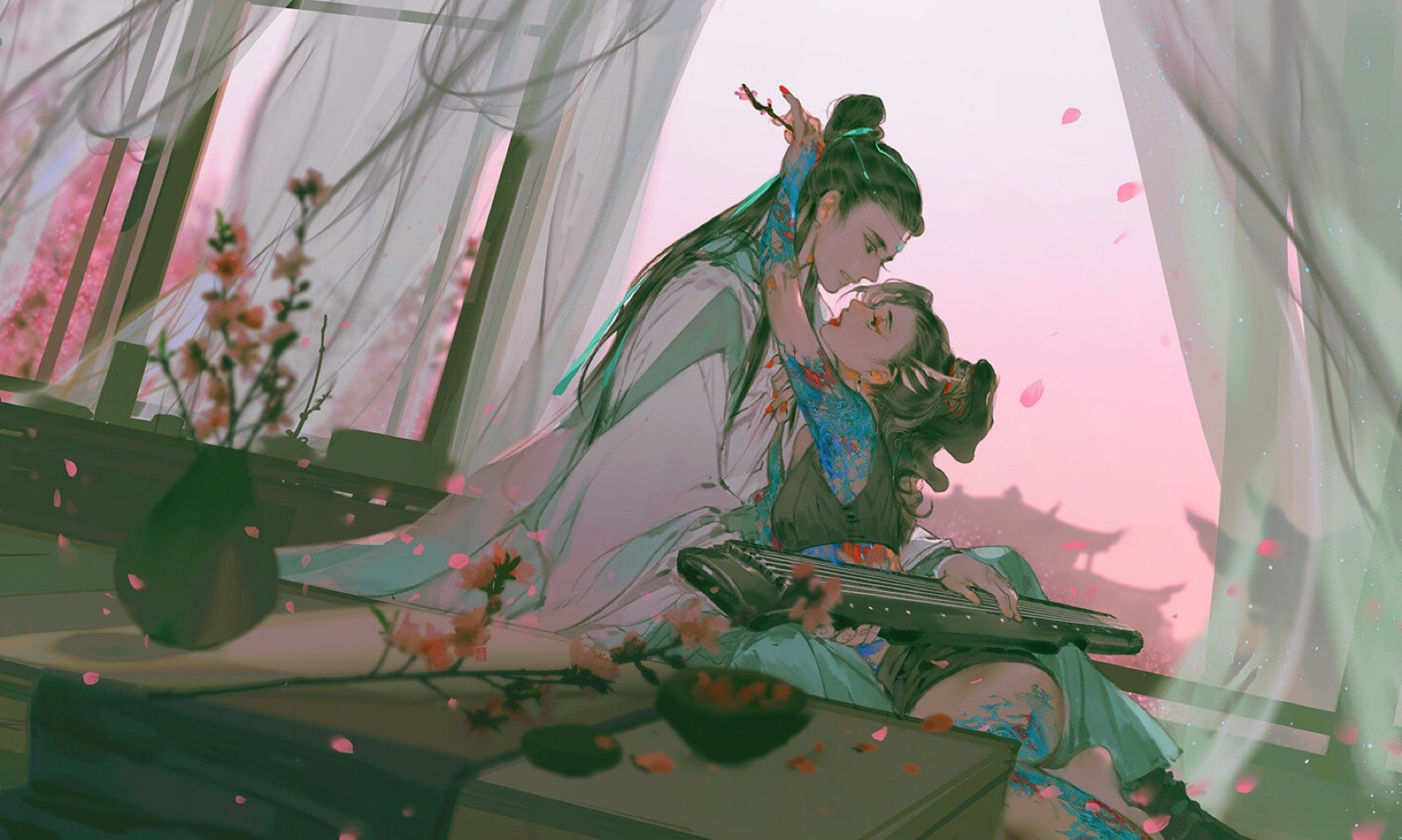 Couple playing Guqin with cherry blossoms HD Wallpaper