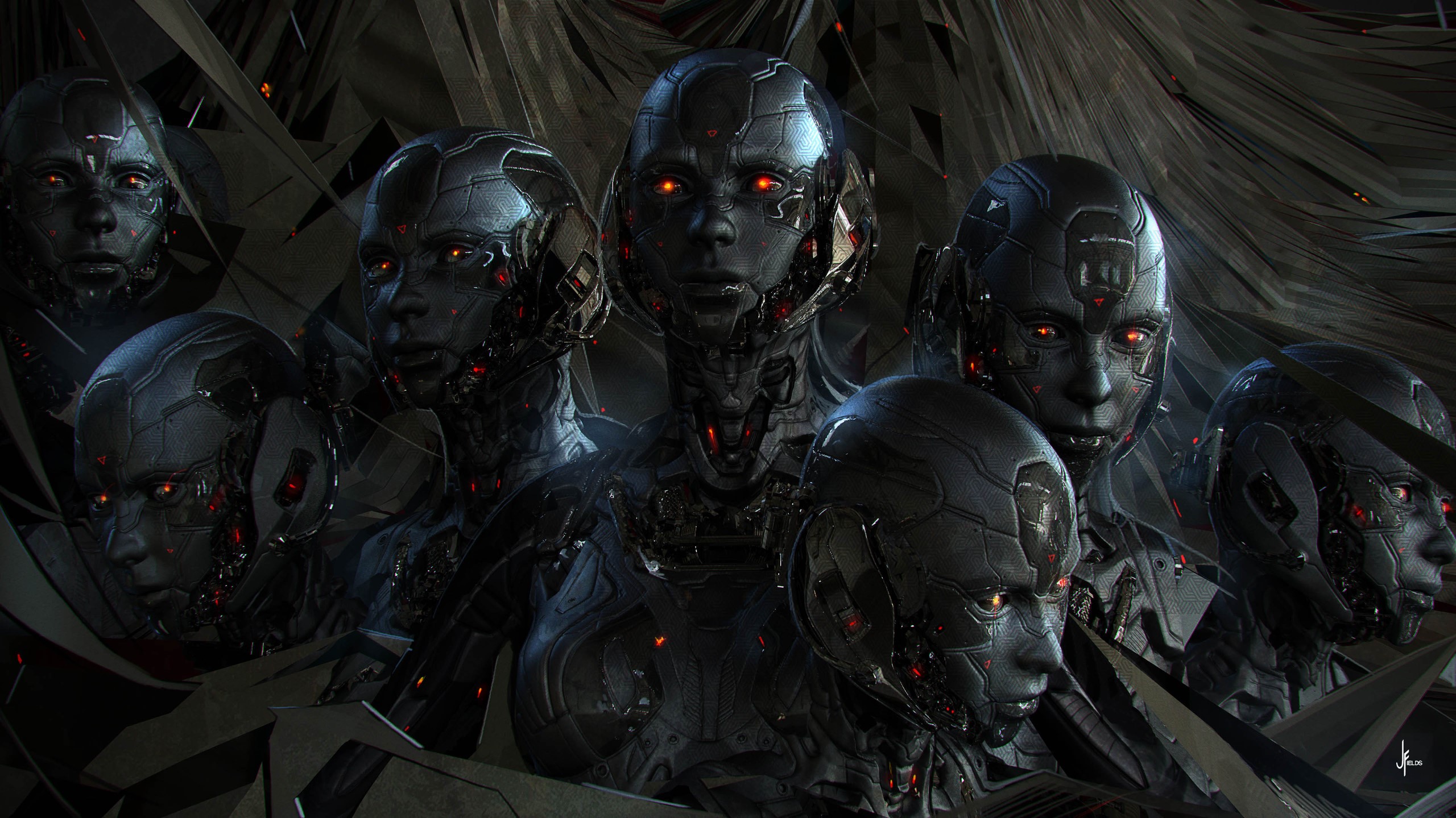 Group of robots with red eyes in science fiction art HD Wallpaper