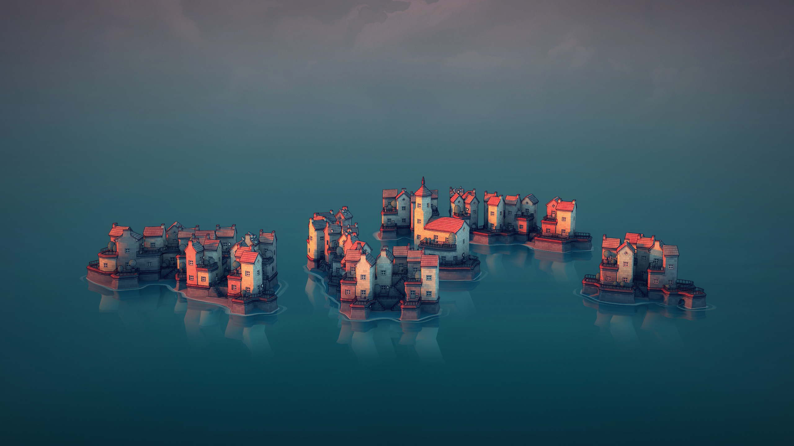 Floating island town with colorful houses in the sea HD Wallpaper