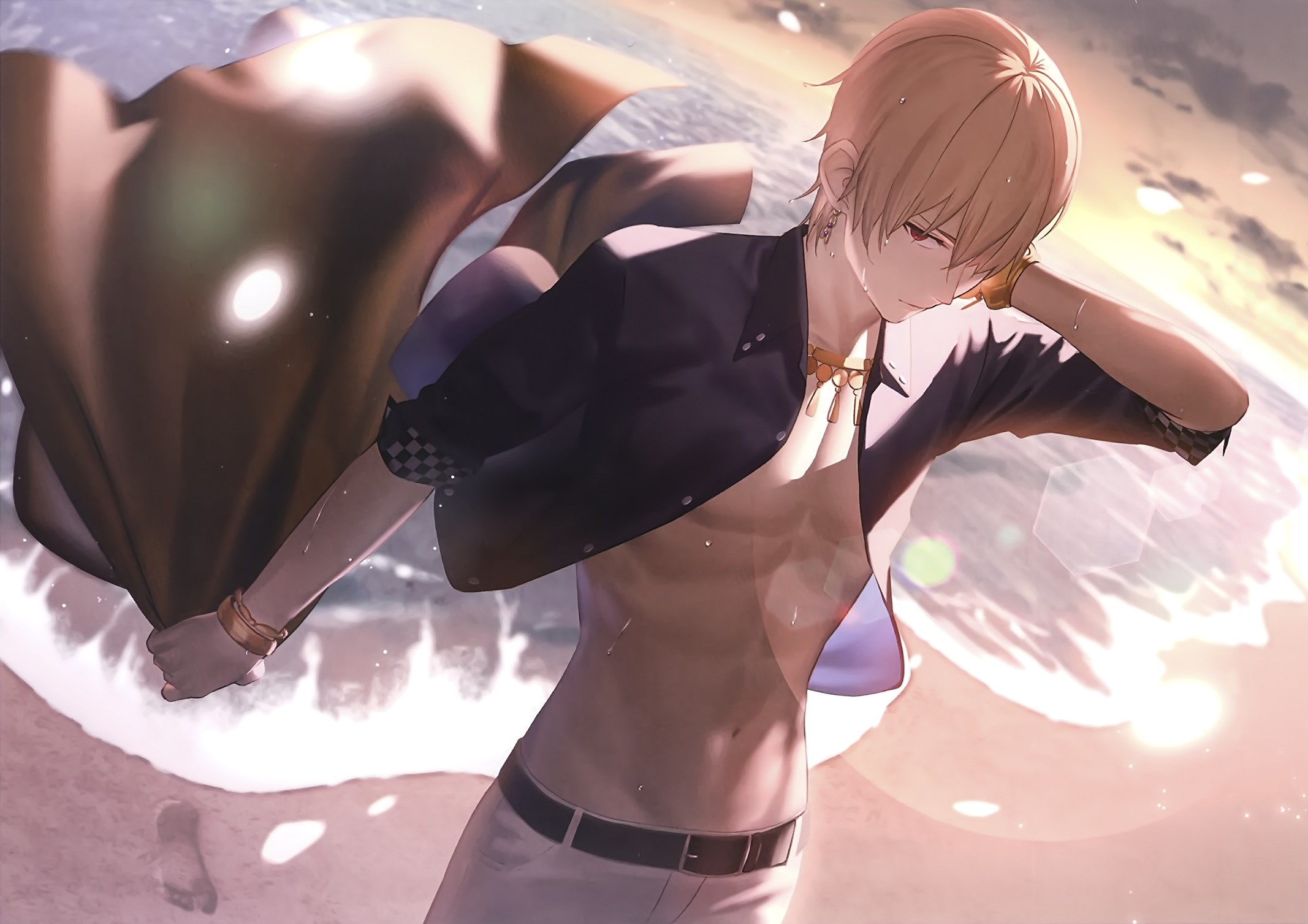 Gilgamesh from Fate/Grand Order on a beach HD Wallpaper