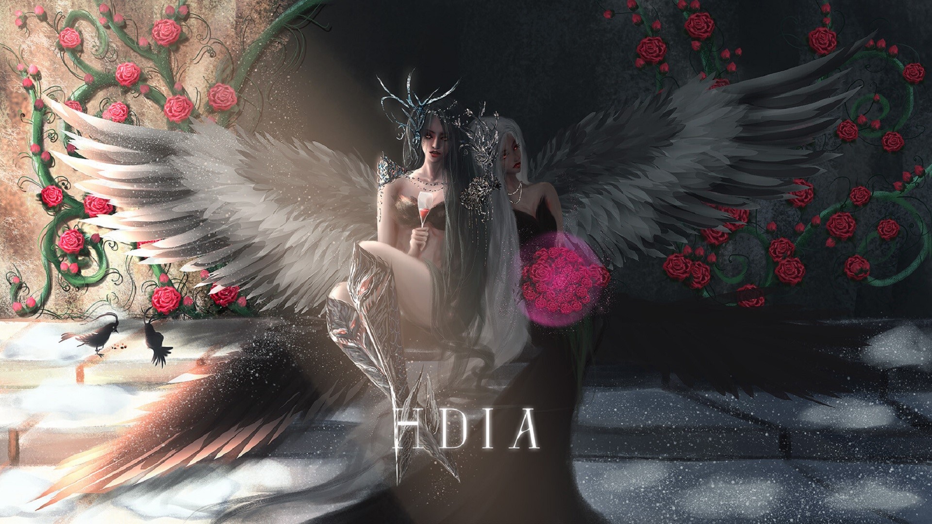 Two winged women with roses and birds HD Wallpaper
