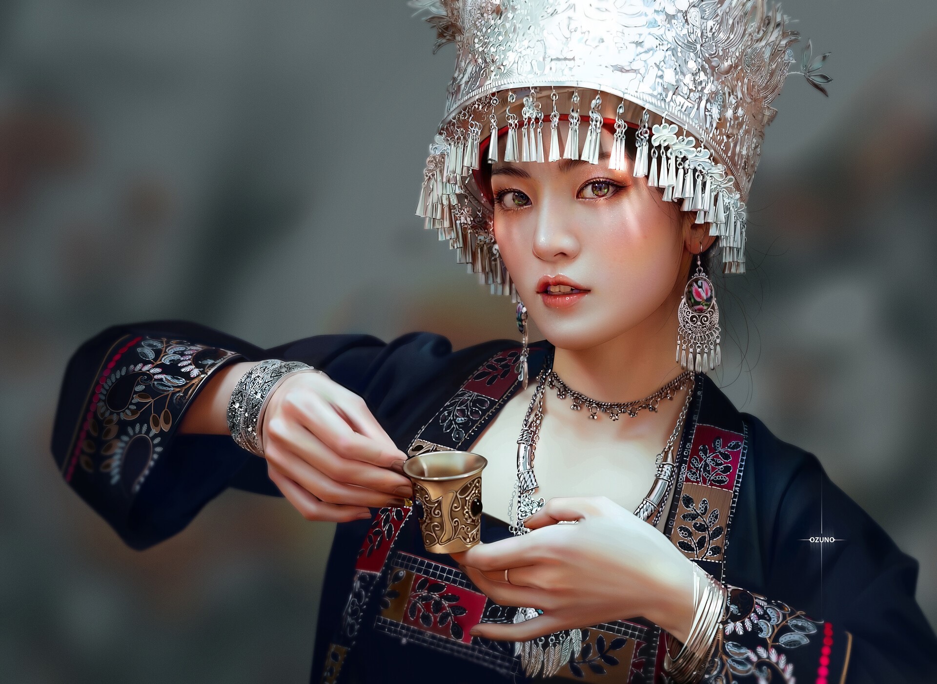 Woman in traditional Chinese clothing holding a cup HD Wallpaper